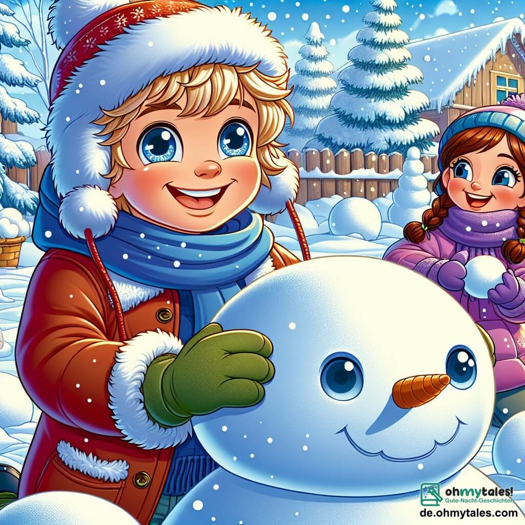 Ein 7-jähriger Junge mit zerzausten blonden Haaren und strahlenden Augen baut einen großen Schneemann in einer winterlichen Landschaft. Er trägt eine dicke rote Jacke, eine blaue Wollmütze und grüne Handschuhe und lächelt begeistert. Neben ihm hilft seine beste Freundin Mia, ein 7-jähriges Mädchen mit geflochtenen braunen Haaren und von der Kälte geröteten Wangen, indem sie eine riesige Schneekugel rollt. Sie trägt einen lila Schal und einen rosa Mantel und lacht, während sie Max anschaut. Die Szenerie zeigt ein charmantes, verschneites Dorf mit holzverkleideten Häusern, schneebedeckten Dächern, majestätischen Tannenbäumen, die mit funkelnden Schneeflocken geschmückt sind, und einem hellblauen Himmel, in dem die Sonne sanft scheint. Die Szene strahlt eine fröhliche und magische Atmosphäre aus, erfüllt vom Geist des Winters. Max und Mia erschaffen ihr Meisterwerk, einen Schneemann, während sanfte Schneeflocken um sie herum fallen und die Magie dieses Moments der Freundschaft und Kreativität verstärken.