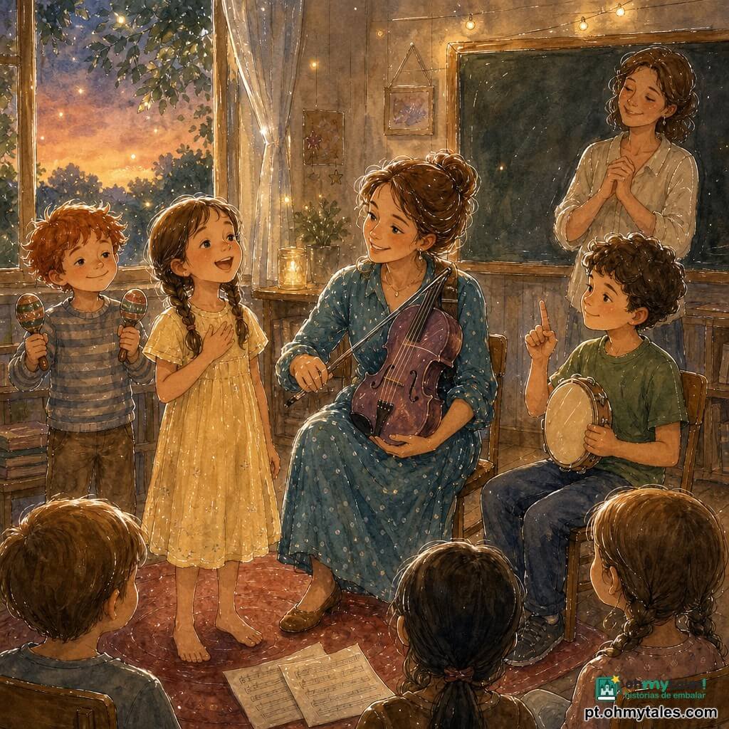 Mulher adulta Lia, sorridente e amável, cabelo castanho claro preso num coque solto, vestido midi azul-petróleo às bolinhas, sentada ao centro com uma pequena viola violeta no colo, olhando concentrada e acompanhando a canção com as mãos; menina Rita, ~7 anos, cabelos castanhos em tranças, vestido amarelo claro, à esquerda de Lia, cantando confiante com a mão no peito; menino João, ~8 anos, cabelo curto e encaracolado, camiseta verde, sentado à direita de Lia, segurando um pandeiro calmamente e levantando um dedo para marcar o “tum”; menino Tomás, ~8 anos, cabelo ruivo bagunçado, suéter listrado, um pouco atrás à esquerda, sacudindo maracas suavemente com sorriso travesso; mulher adulta Inês (professora), postura serena, blusa clara, em pé ao fundo perto de um quadro-negro, observando orgulhosa com as mãos juntas; sala de aula transformada em pequeno teatro com paredes de madeira clara, tapete redondo vermelho, cadeiras em semicírculo, partituras espalhadas, janela aberta deixando entrar crepúsculo dourado e vaga-lumes; situação: concerto íntimo de boa-noite em clima caloroso e terno, instrumentos e vozes formando um círculo sonoro, iluminação quente e textura aquarela suave com brilhos e realces.