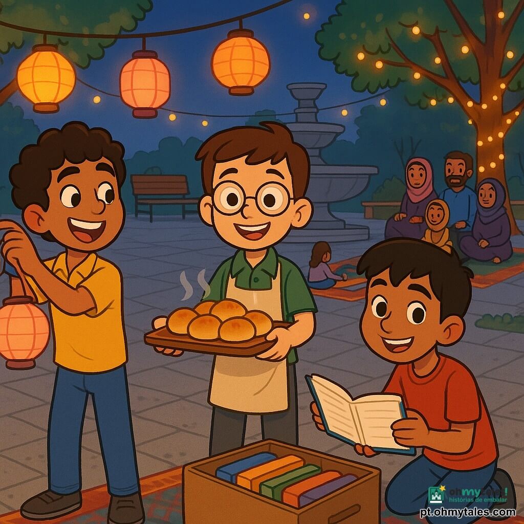 Há três personagens: Tarek, menino de 10 anos, cabelos negros encaracolados, pele oliva, camisa amarela e calça azul, à esquerda segurando lanternas de papel coloridas; Amir, menino de 10 anos, cabelos castanhos curtos, óculos redondos, pele clara, camisa verde e avental bege, ao centro oferecendo um tabuleiro de pãezinhos quentes; Hakim, menino de 11 anos, cabelos pretos lisos, pele caramelo, camiseta vermelha, à direita ajoelhado junto a uma caixa de livros abrindo um para a roda de leitura. O local é uma grande praça pavimentada ao crepúsculo com uma fonte de pedra ao fundo, árvores com luzes e lanternas penduradas que lançam tons quentes. Situação: noite de leitura e partilha durante o Ramadã, amigos organizando contos, famílias em tapetes coloridos ouvindo, cheiro de pão quente e ambiente acolhedor e festivo.