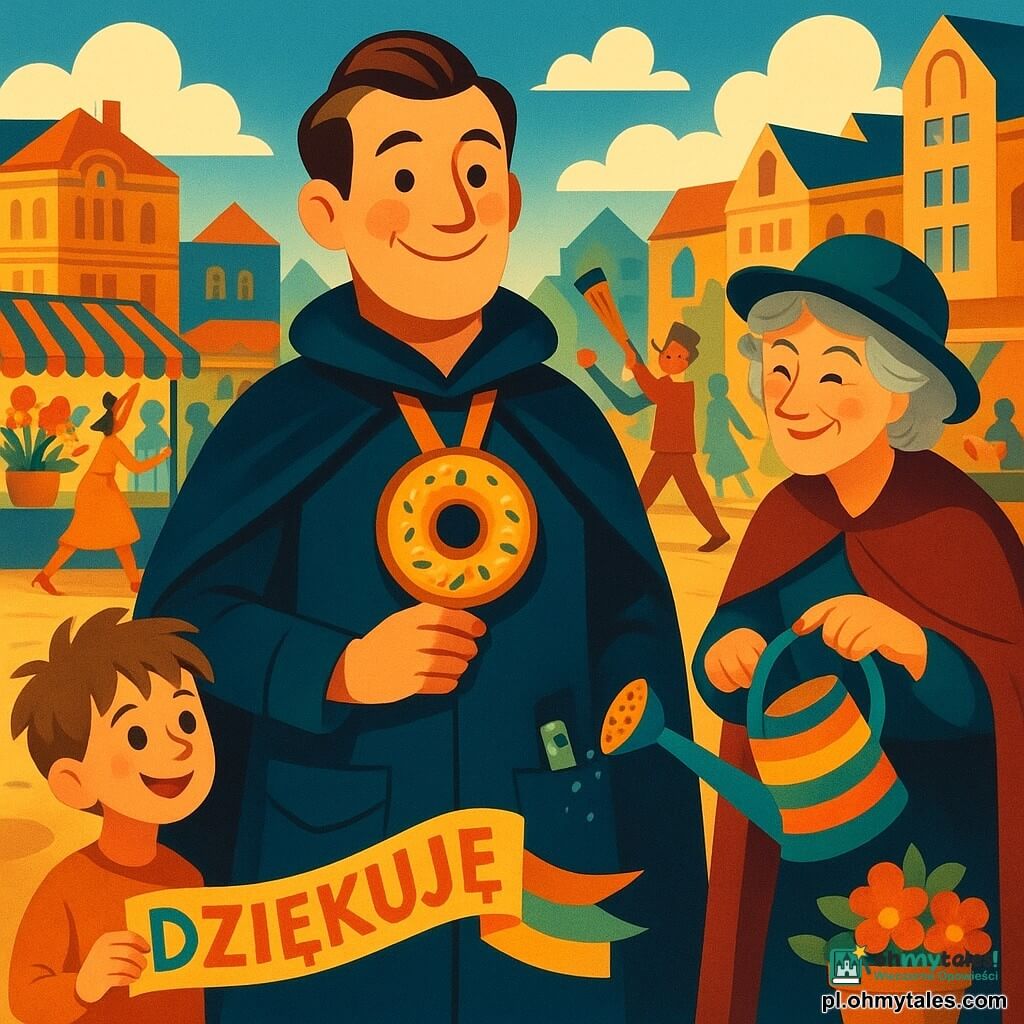 Mężczyzna w średnim wieku, główny bohater, nosi pluszowy medal w kształcie pączka z brokatem. Ma zadowoloną i uśmiechniętą twarz, ubrany w pelerynę z kieszeniami pełnymi drobiazgów, takich jak mini-linijka i gwizdek. Obok niego, około 60-letnia kobieta, kwiaciarka, podlewa latarnię kolorową konewką, z figlarnym uśmiechem na twarzy. Około 8-letni chłopiec z rozczochranymi włosami trzyma długą wstęgę kolorowego papieru zapełnioną słowami wdzięczności, stojąc po lewej stronie głównego bohatera. Scena rozgrywa się na ruchliwym rynku z kwiatowymi stoiskami i ławkami, otoczonym budynkami z fasadami w stylu art déco. Główna sytuacja przedstawia radosną paradę z mieszkańcami tańczącymi z miotłami i kopertami, pod błękitnym niebem z białymi, puszystymi chmurami.