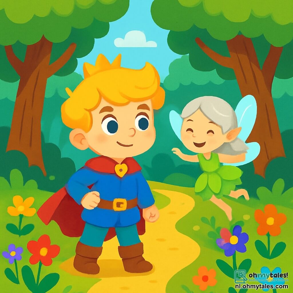 Een jonge prins, Sam, met prachtige gouden haren en sprankelende nieuwsgierige ogen, staat aan de rand van een pad in een betoverd bos. Hij heeft een vastberaden blik en een dappere glimlach. Naast hem vliegt een kleine fee met glinsterende vleugels, ongeveer 8 jaar oud, met zilverachtig haar en een jurk van bloemblaadjes, vrolijk en wijzend de weg. Op de achtergrond omringen majestueuze bomen met dikke stammen en heldergroene bladeren een tapijt van kleurrijke bloemen die dansen in de wind. De hoofdscène toont de prins en de fee, klaar om het mysterieuze hart van het bos binnen te gaan, waar magische fluisteringen hen oproepen tot avontuur.