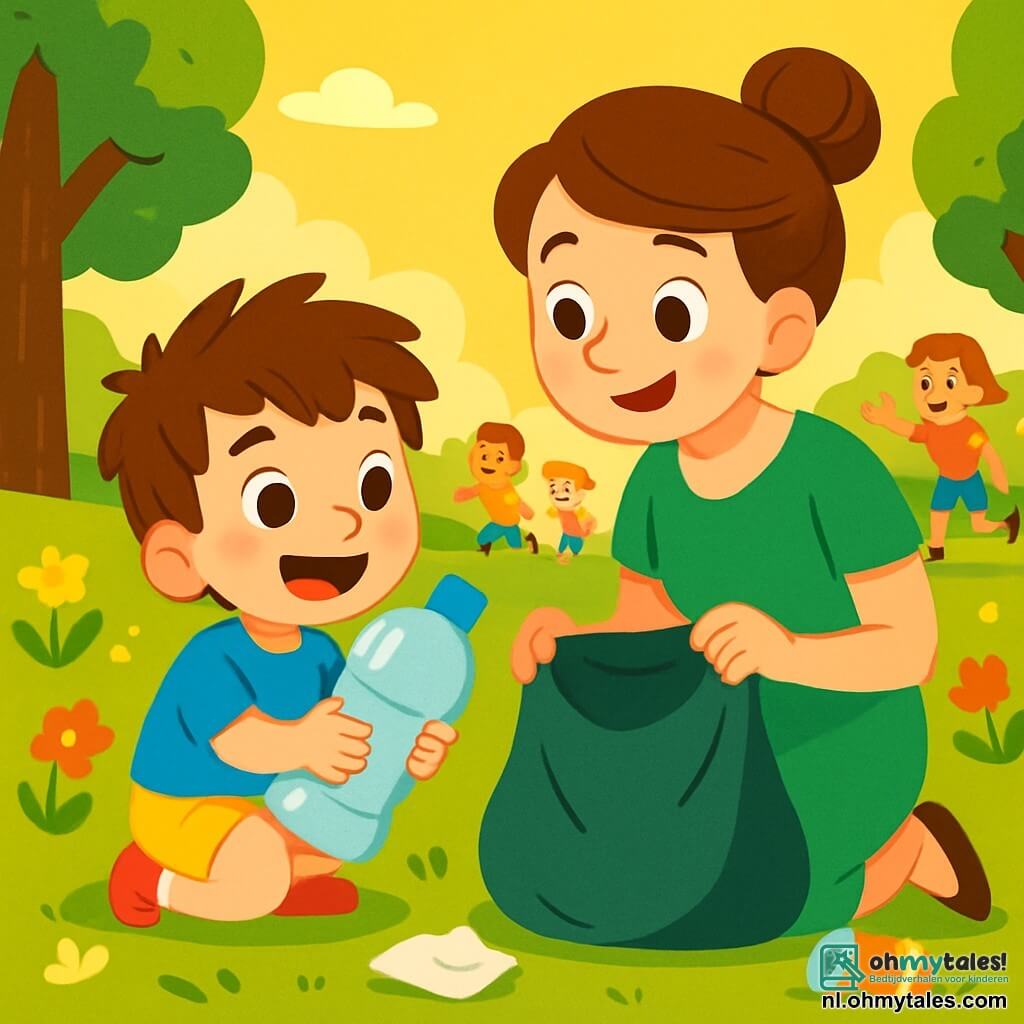 Een 4-jarig jongetje genaamd Sam, met rommelig bruin haar en een grote blije glimlach, zit in een groen park en houdt een grote plastic fles vast in zijn kleine handen. Hij draagt een felblauw T-shirt en gele shorts, en zijn ogen stralen van opwinding en trots. Naast hem staat zijn moeder, een vrouw van rond de dertig met bruin haar in een knot en een groene jurk, die glimlacht terwijl ze hem aanmoedigt en een grote tas vasthoudt om afval op te rapen. Het park is gevuld met kleurrijke bloemen, majestueuze bomen en een goed onderhouden gazon, verlicht door het gouden zonlicht. Kinderen spelen vrolijk op de achtergrond, rennend en lachend, terwijl sommigen naar Sam toe komen om hem te helpen met het opruimen van het afval. De hoofdscène toont Sam en zijn moeder, samen met vrienden, die het park schoonmaken, waardoor de natuur mooier en schoner wordt, met blije en vriendschappelijke gezichten.