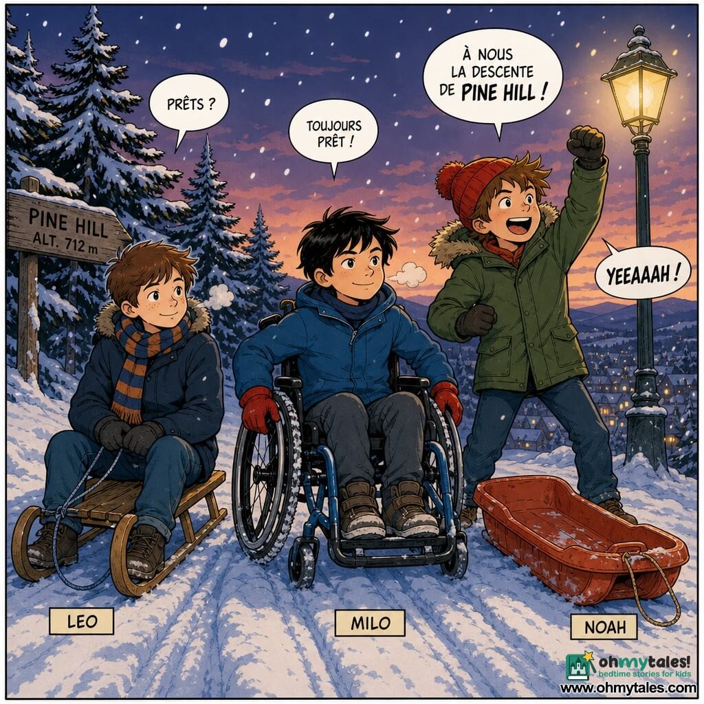 Three 11-year-old boys on Pine Hill at dusk in thick snow: Leo (short chestnut hair, striped scarf, navy coat) sits left on a small wooden sled with a calm, contained smile; Noah (messy brown hair, red beanie, green coat) stands right with a worn plastic sled, poised to shout with joy; Milo (black hair) sits center-front in an adapted manual wheelchair with red gloves, hands on the wheels and a determined, serene expression. Dark, snow-laden pines form the background, an old lamppost casts a soft yellow light, large falling snowflakes and visible breath and tiny graphic bubbles of laughter fill the air, sled tracks in compacted snow — the three friends are ready to race downhill together.