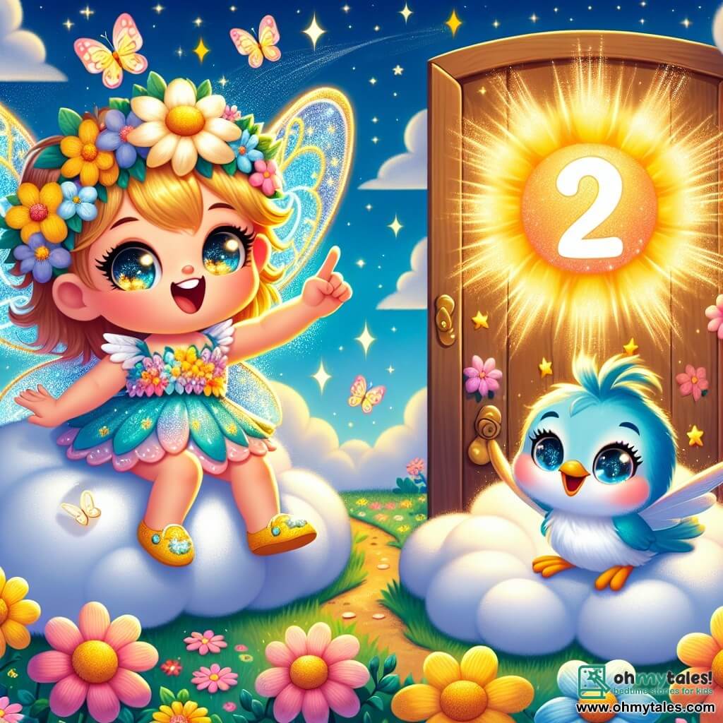 Sunny, a small fairy with sparkling golden wings, is sitting on a fluffy white cloud, beaming with joy and excitement. Her eyes shine like stars, and she wears a colorful dress made of flower petals. Next to her, a small blue bird with shiny feathers looks at Sunny with admiration, its eyes sparkling with happiness as it perches on the edge of the cloud, ready to take flight. The setting is a magical garden filled with colorful flowers and dancing butterflies, under a bright blue sky with twinkling stars floating around soft clouds. The main scene shows Sunny opening a shimmering wooden door, revealing a fairy world filled with sparkling lights and fluffy clouds, as she expresses her excitement with joyful gestures and bursts of laughter.