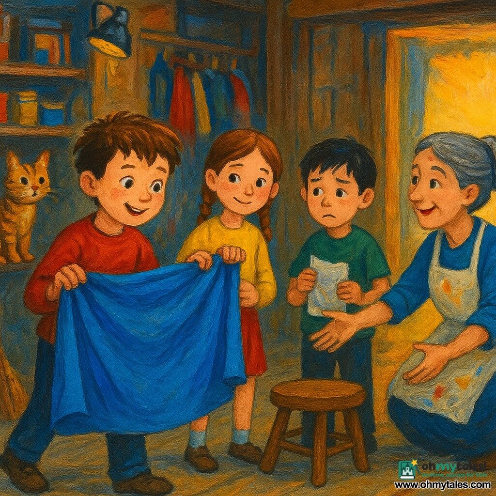 An 8-year-old boy with a round freckled face and tousled brown hair, enthusiastic and focused, gently carries a large folded blue sheet—hands with slightly paint-stained fingers; Lila, about 9, rosy-cheeked with braided hair, stands nearby smiling relieved and holding a corner; Sam, about 8, short black hair, ashamed but relieved, shows a small crumpled poster beside a wooden stool engraved TAP; Mrs. Lee, an adult woman with gray hair in a bun and a paint-stained apron, kneels by a workshop table with arms open to receive the recovered banner; a tabby theater cat sits on a broom, watching curiously; the backstage theater workshop has aged wooden walls, shelves of paint pots, rolls of fabric, hanging costumes, clip lamps and a large open stage door letting in golden light; the scene centers on the folded blue banner and relieved faces, with a vivid palette of blues, reds and yellows and visible canvas texture and thick acrylic brushstrokes.