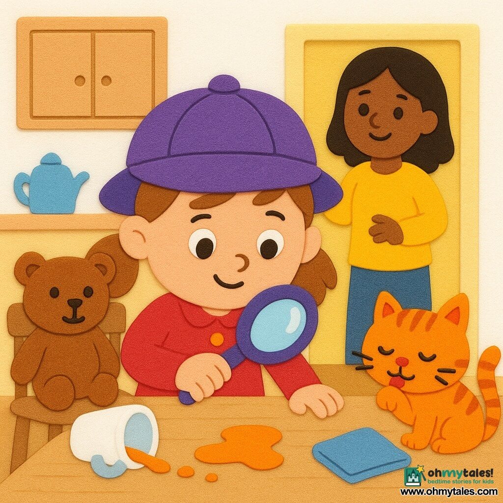 A 4-year-old girl with light brown pigtails, a round smiling face and curious eyes wears a purple detective hat and holds a small magnifying glass, intently examining a trail of bright orange juice drops on a light wooden kitchen table, expression concentrated and proud. A brown teddy bear with sewn eyes sits on a chair to her left, arms open. A small fluffy orange tabby cat named Whiskers licks a juice-stained paw at the right edge of the table, mischievous. The mother, about 30, stands in the kitchen doorway smiling, hands ready to help. Sunny warm kitchen, light wood table with crumbs, a tipped cup, shiny juice drops and a folded cloth; scene simple, bright, colorful with bold outlines, rounded shapes and a vivid palette (purple, orange, yellow, light wood).