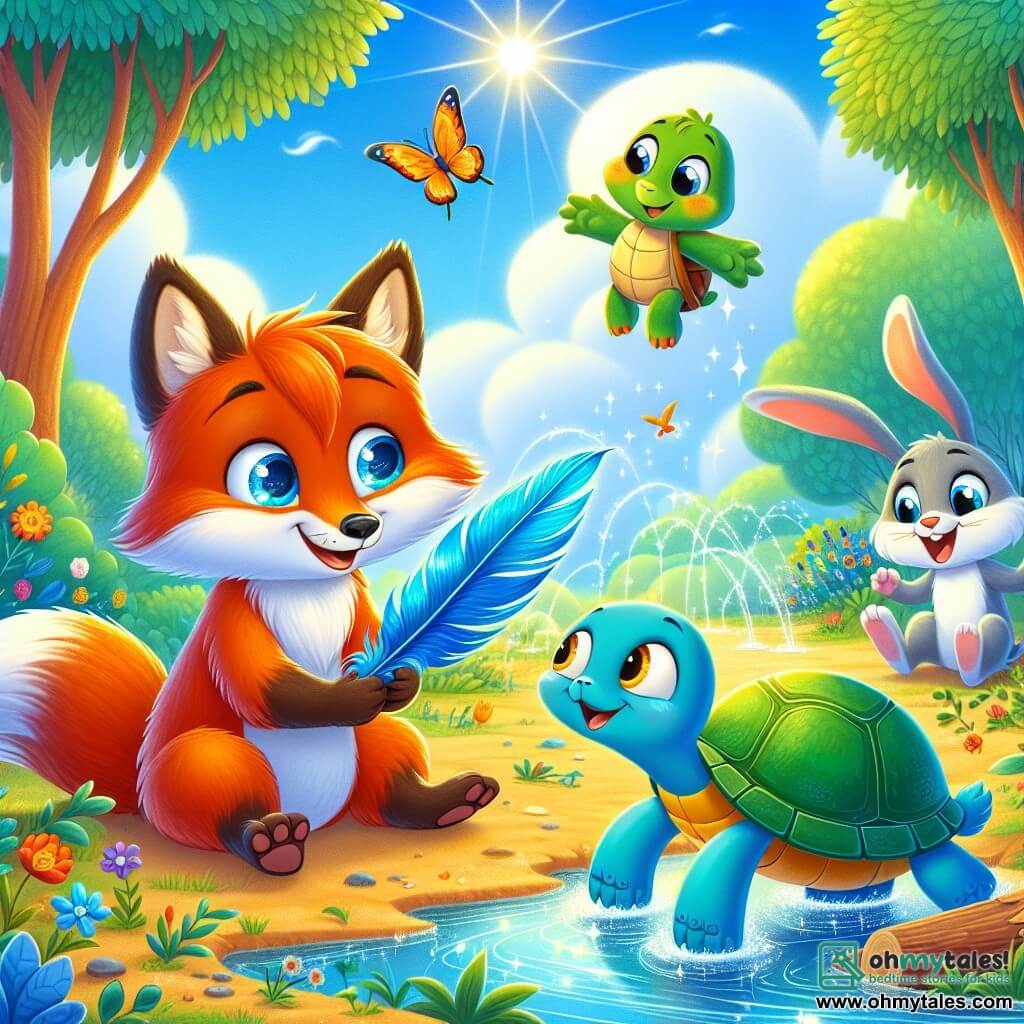 A little fox named Felix, with bright orange fur and sparkling curious eyes, holds a shiny blue feather in his front paws, displaying a big smile of excitement. Next to him, Tilly the turtle, with a green shell and gentle eyes, gazes at the feather in wonder, her little paws resting on the ground, while Benny the rabbit, with big ears and white fur, joyfully hops around, his face beaming with joy. They are in a sunny clearing surrounded by majestic trees with vibrant leaves, where colorful flowers dance in the breeze. In the center of this magical scene, the sky is a deep blue, dotted with fluffy clouds, and a sparkling stream winds through the greenery. The main situation shows Felix, Tilly, and Benny discovering the blue feather by the stream, eager to embark on an adventure to find the mysterious Bluebird, filled with enthusiasm and curiosity.