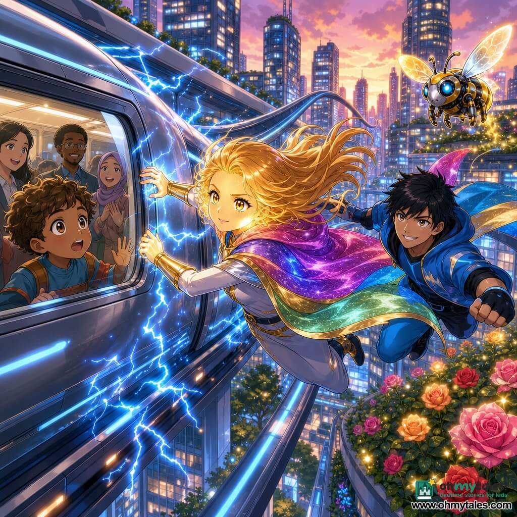 The heroine, Luna Spark, a radiant woman with mid-length golden hair billowing in the wind and a color-shifting multicolored cape, grips the side of a moving magnetic train with both hands, determined yet reassuring; beside her to the right flies Bolt, an about-18-year-old man with short black hair and a blue sporty outfit, smiling encouragingly and ready to help; a small boy of about seven with chestnut hair and wide surprised eyes sits against the train window inside, looking at Luna with admiration; a tiny yellow-and-chrome bee-robot with translucent shimmering wings pollinates a rooftop rose garden nearby; the setting is a modern city at dusk with glass skyscrapers reflecting a pink-orange sky, arcing magnetic rails and glowing multicolored rooftop gardens; the main action is Luna braking the train mid-flight above the rails with blue magnetic sparks flying, relieved passengers and the illuminated city in the background.