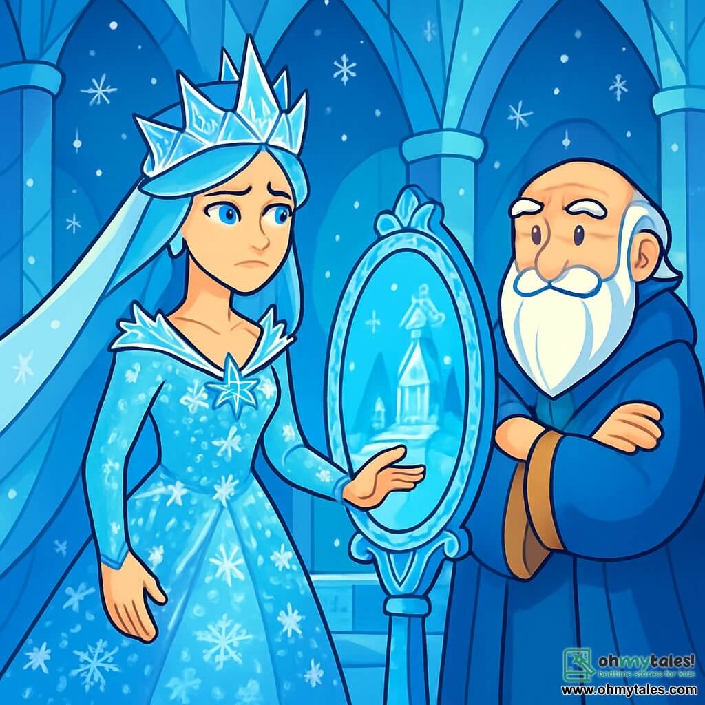 The Snow Queen, a majestic woman of icy beauty, wears a shimmering gown made of snowflakes and ice crystals. Her face carries a gentle melancholy, and her azure blue eyes shine with determination as she stands at the center of the scene, looking hopefully at a sparkling magic mirror before her. Beside her is the wise man, an elderly figure of about 70, with a long white beard and sparkling eyes of wisdom. He stands slightly back, arms crossed, observing the Queen with a benevolent smile, ready to share his knowledge. The setting is a magnificent crystal palace, with shimmering walls reflecting light in all directions. Sculpted ice columns rise to a starry ceiling, while snowflakes gently fall outside, creating a fairy-tale atmosphere. The main scene shows the Snow Queen in front of the magic mirror, which reveals images of her kingdom and hidden truths. She appears both contemplative and determined, ready to embrace change and bring light to her realm.