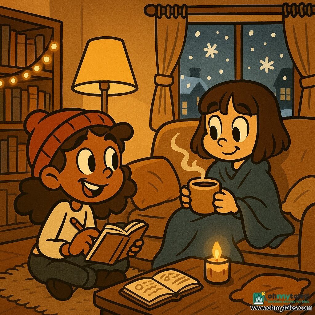 There are two girls of about 12: Lina, with curly chestnut hair peeking from a red beanie, playful expression, sitting on the floor left holding an open notebook and pencil and smiling while tilting her head toward her friend; Maya, with a straight brown bob and a calm, shy look, sitting on the sofa right under a large blue blanket, holding a steaming cup of hot chocolate and looking at the notebook. The scene is a small cozy living room seen three‑quarter view with a soft sofa, a yellow lampshade casting warm light, a string of small yellow bulbs on a bookshelf, and a curtained window showing a snowy street with large flakes falling. They share a cozy corner on a winter afternoon; the open notebook shows notes and drawings, a candle in a jar casts a soft glow on the coffee table, cushions and a throw are rumpled, steam rises from the hot chocolate, and the intimate composition uses a warm palette contrasted with the pale blue of the snow outside.