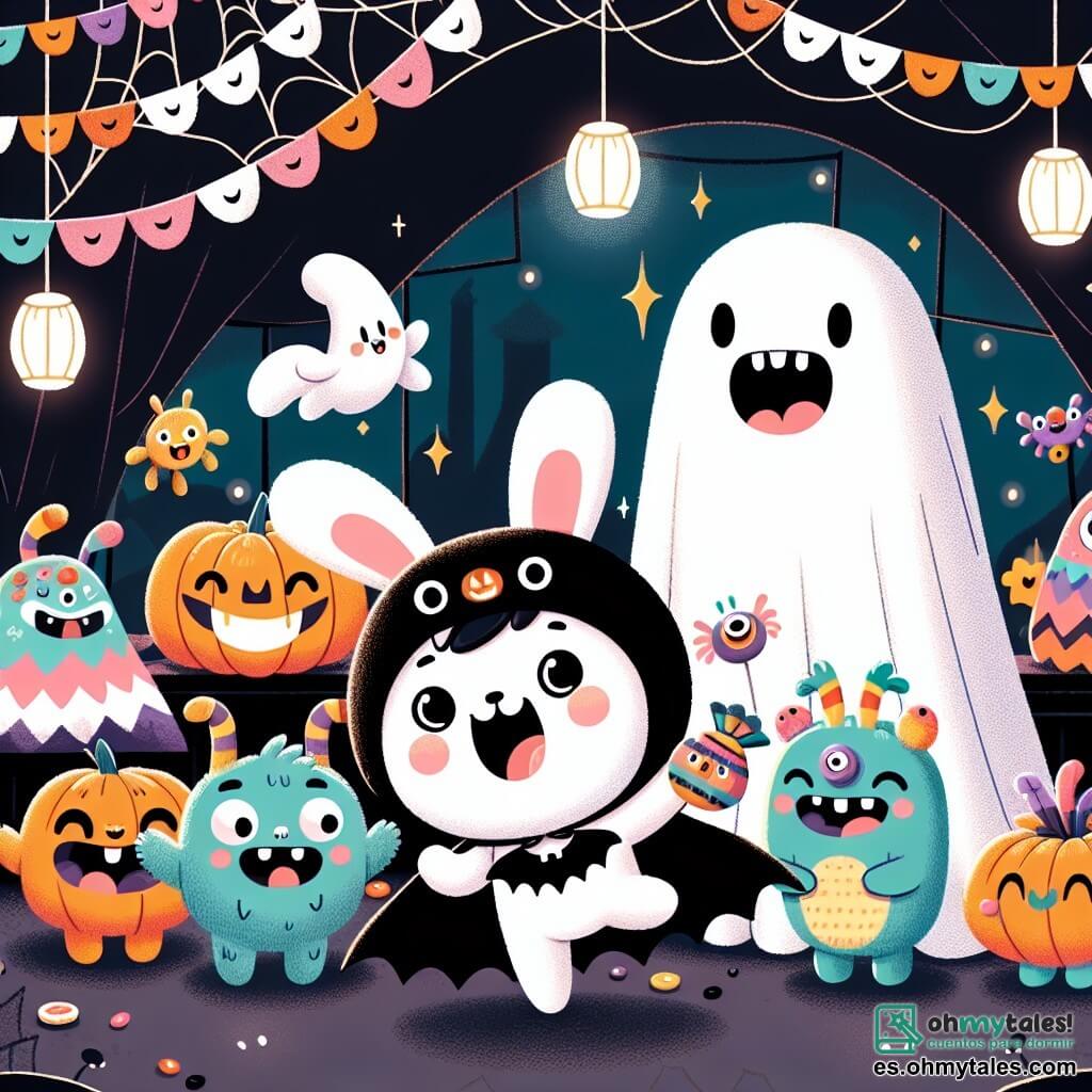 Un pequeño conejo llamado Pipo, con un pelaje suave y blanco, lleva una capa de murciélago negra y muestra una gran sonrisa de emoción. Baila alegremente en medio de una habitación oscura y misteriosa, llena de decoraciones de Halloween, como telarañas y calabazas sonrientes. A su lado, un fantasma amistoso llamado Gigi, flotando con una gran sábana blanca, sonríe cálidamente, sus ojos brillando de alegría. Un poco más lejos, tres monstruos coloridos: Rufi, un monstruo peludo con ojos redondos y una amplia sonrisa, Lila, un monstruo de colores vivos con antenas, y Tico, un pequeño monstruo con grandes orejas, todos ríen y bailan juntos, creando una atmósfera festiva. La habitación está iluminada por linternas centelleantes, y una gran caja llena de dulces ocupa el centro, añadiendo un toque de magia a esta noche de Halloween.