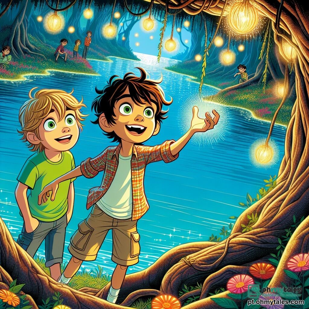 Um jovem chamado Miguel, com cerca de 12 anos, está à beira do magnífico Lago das Luzes, com os olhos arregalados de fascínio. Ele tem cabelos castanhos bagunçados, um sorriso radiante e veste uma camisa xadrez colorida e um short de tecido. Miguel estende a mão em direção a uma das brilhantes Frutas da Sabedoria, pendurada em um velho galho de árvore. Ao seu lado, seu melhor amigo Tomás, também de 12 anos, tem cabelos loiros e usa uma camiseta verde vibrante. Ele exibe uma expressão de admiração e empolgação, com os braços levantados em sinal de alegria. O local é uma floresta encantada, com árvores de troncos largos e tortuosos, cujas folhas brilham sob o sol. O lago, de um azul vibrante, reflete as cores vivas das flores ao redor, criando uma atmosfera mágica e acolhedora. A cena mostra Miguel e Tomás descobrindo o lago pela primeira vez, maravilhados com a beleza da paisagem e a promessa de uma aventura extraordinária, enquanto um majestoso dragão, Sombra, os observa de uma rocha, pronto para desafiá-los.
