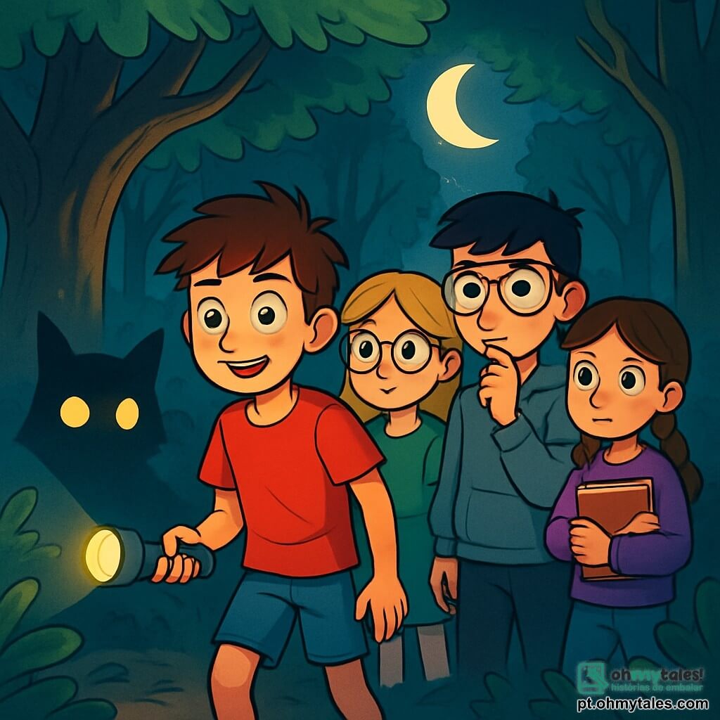 Há 4 crianças: - Lucas: um garoto de 12 anos, com cabelos castanhos bagunçados e olhos cheios de curiosidade. Ele usa uma camiseta vermelha e um short azul, e está à frente, com uma lanterna na mão, pronto para explorar. - Sofia: uma menina de 11 anos, com cabelos longos e loiros, usando óculos redondos que lhe dão um ar inteligente. Ela veste um vestido verde e está um pouco atrás, olhando ao redor com uma mistura de excitação e apreensão. - Tiago: um garoto de 12 anos, com cabelos negros e óculos de proteção na testa. Ele está vestido com um moletom cinza e está ao lado de Lucas, pensando na melhor forma de avançar. - Clara: uma menina de 10 anos, com cabelos castanhos e tranças. Ela usa um suéter roxo e está atrás de Sofia, segurando um caderno de esboços, pronta para desenhar o que vê. O local da situação principal é uma floresta densa e misteriosa, com árvores gigantescas e troncos retorcidos, e folhas de um verde vibrante. A luz da lua filtra através dos galhos, criando sombras dançantes no chão coberto de folhas secas. Sons estranhos ecoam no ar, e uma leve névoa envolve o solo, adicionando uma atmosfera mágica e levemente assustadora. A situação principal da história mostra os quatro amigos descobrindo uma clareira encantada, onde encontram uma criatura misteriosa com olhos brilhantes. Eles estão juntos, unidos diante do desconhecido, com expressões de determinação e coragem em seus rostos, prontos para enfrentar seus medos.