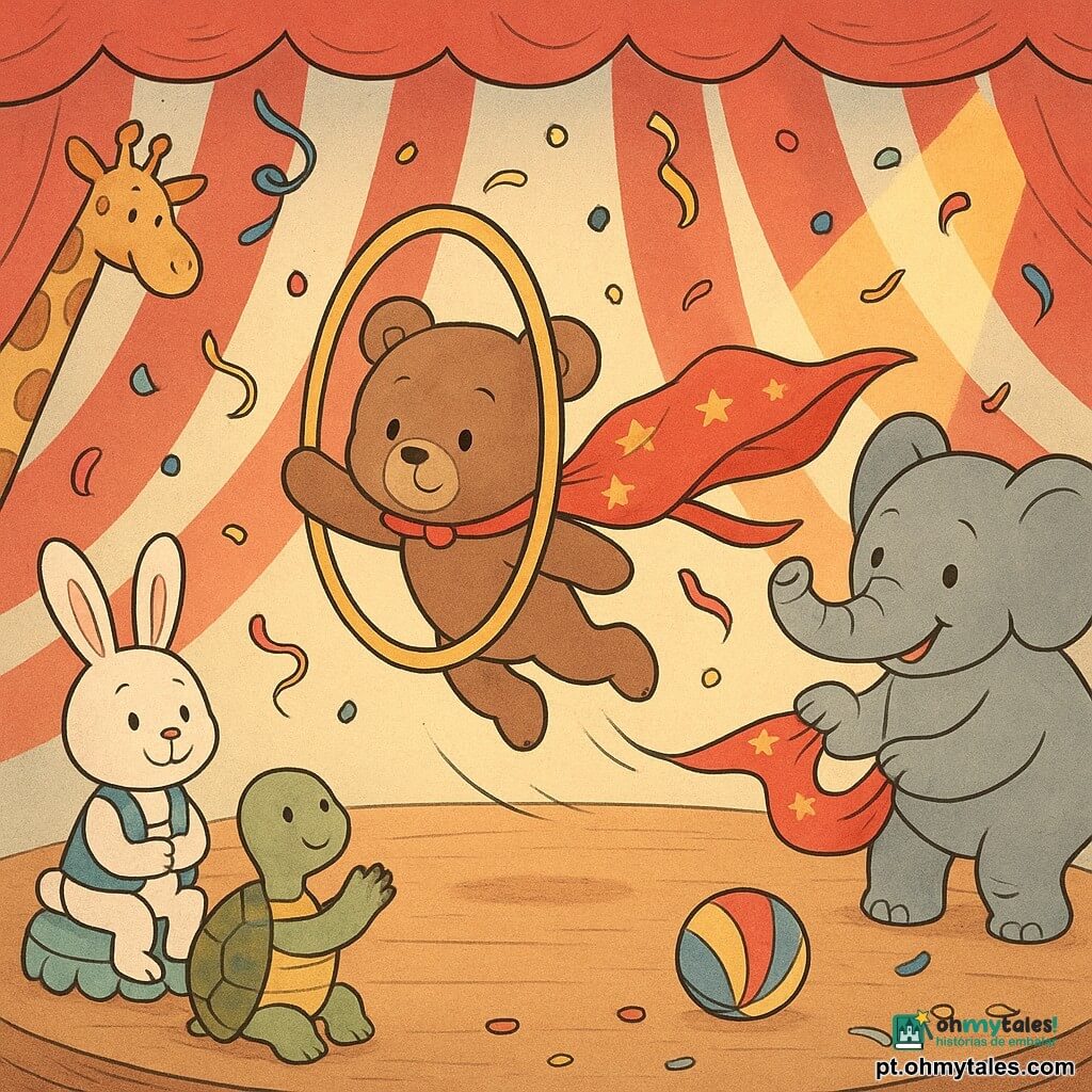 Um pequeno urso de pelúcia marrom chamado Biscoito, rosto redondo e olhos suaves, parece meio nervoso e depois feliz enquanto salta por um grande aro dourado fazendo um gesto gracioso; sua capa vermelha com estrelas douradas voa atrás dele, um elefante grisalho e sorridente, tromba enrolada em um trombone brilhante, pega a capa e olha para Biscoito com benevolência ao lado do aro; um coelho branco de orelhas longas com um pequeno colete listrado segura uma almofada fofa na entrada da pista e sorri pela esquerda; uma tartaruga verde de carapaça manchada senta-se na beira e aplaude suavemente; uma girafa de pescoço longo limpa bolas coloridas ao fundo inclinada para a direita; a lona do circo com grandes listras vermelhas e brancas ocupa o fundo com luzes quentes e refletores amarelos apontados para a pista circular de madeira, confetes e fitas no ar — cena principal: momento alegre e levemente cômico em que Biscoito atravessa o aro dourado, sua capa voa, o elefante a segura e o público de animais aplaude sob uma luz suave e colorida.