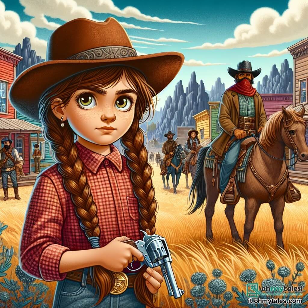 Clara, una giovane cow-girl di 12 anni, si trova orgogliosamente al centro dell'immagine, con lunghi capelli castani intrecciati e un grande cappello di feltro. Il suo viso esprime una determinazione audace, con occhi scintillanti di coraggio. Indossa una camicia a quadri rossa e un jeans consumato, tenendo un vecchio revolver ereditato dal nonno, pronta a difendere il suo villaggio. Accanto a lei, suo padre, un cowboy di circa quarant'anni, con una barba rossa e uno sguardo protettivo, osserva attentamente l'orizzonte, armato di un fucile. Sullo sfondo, un gruppo di banditi minacciosi, uomini di una trentina d'anni, con cappelli neri e fazzoletti sul volto, si prepara ad attaccare il villaggio, con i loro cavalli impazienti al fianco. Il contesto è il piccolo villaggio di Dusty Creek, con case di legno dai colori vivaci, circondate da ampie praterie dorate e montagne scure all'orizzonte, sotto un cielo blu punteggiato di nuvole bianche. La scena principale mostra Clara e suo padre, determinati a difendere il loro villaggio contro i banditi in avvicinamento, illustrando coraggio e spirito di squadra in un momento di tensione palpabile.