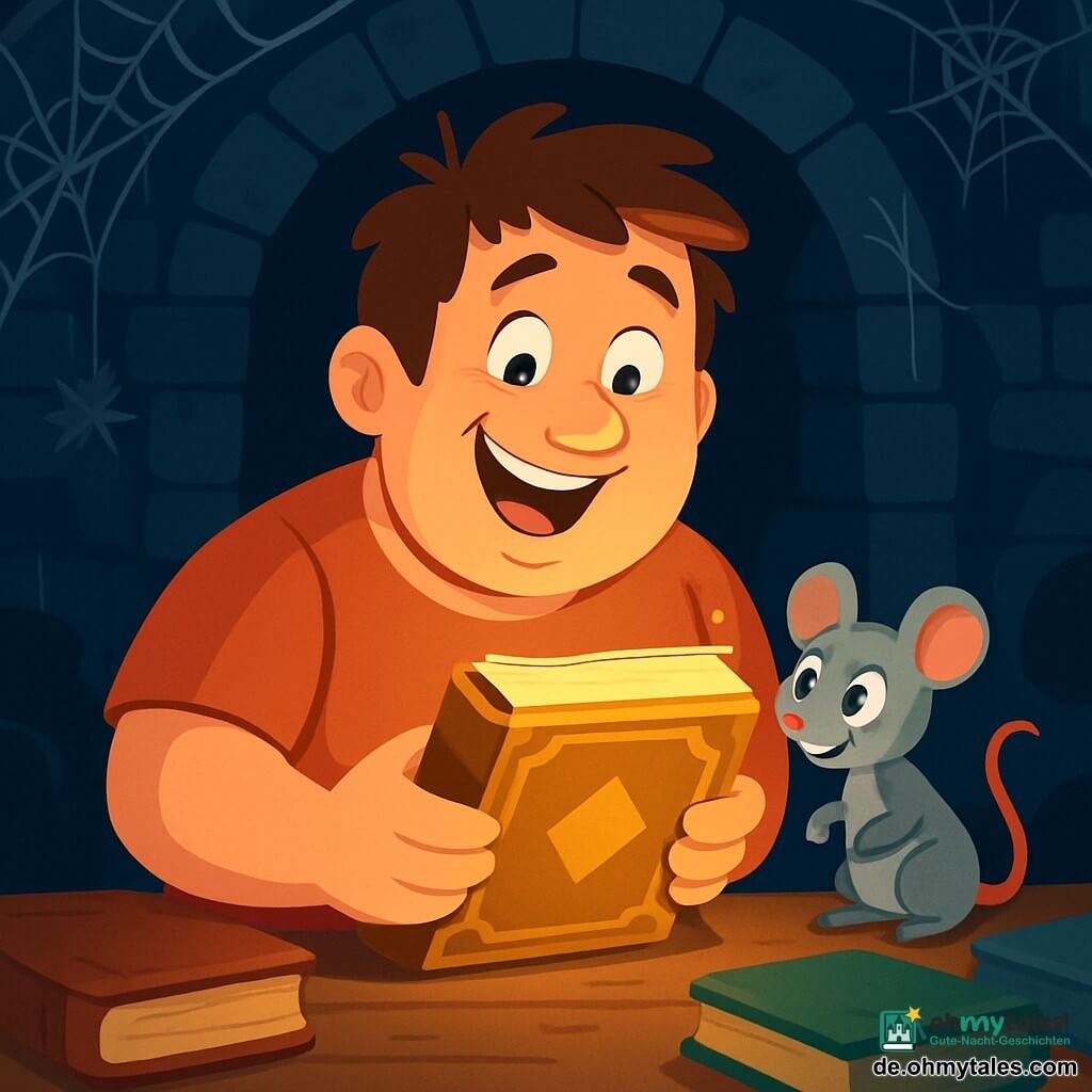 Ein Mann namens Paul, etwa dreißig Jahre alt, mit zerzausten braunen Haaren und einer jovialen Rundlichkeit, steht im Zentrum eines dunklen und geheimnisvollen Raumes und hält ein altes Buch mit goldenem Einband. Sein Gesicht drückt Staunen und Aufregung aus, mit leuchtenden Augen und einem breiten Lächeln. Neben ihm beobachtet eine kleine graue Maus, neugierig und schelmisch, aufmerksam das Buch, mit aufgerichteten kleinen Ohren und funkelnden Augen. Der Ort ist ein alter Steinturm, mit von Spinnweben bedeckten Wänden und staubigen Büchern, die auf einem abgenutzten Holztisch verstreut sind. Um sie herum tanzen Schatten und schaffen eine sowohl faszinierende als auch magische Atmosphäre. Die Hauptsituation zeigt Paul, der das versteckte Manuskript entdeckt, einen Moment der Offenbarung und des Abenteuers, während er sich darauf vorbereitet, in die faszinierenden Geschichten einzutauchen, die in diesem geheimnisvollen Buch auf ihn warten.