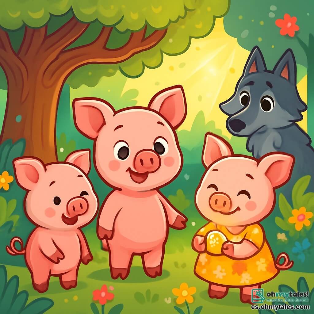 Uno de los Tres Cerditos, Porquillo, un pequeño cerdito rosa con ojos brillantes y una sonrisa cálida, se encuentra en el centro de la imagen, con las orejas erguidas y una mirada curiosa, como si hubiera descubierto un secreto fascinante. A su derecha, Porqueta, una cerdita de pelaje sedoso y vestido con flores, sonríe con sabiduría, sosteniendo un talismán brillante en sus pequeñas patas, mientras que Porquín, el tercer cerdito, con rasgos traviesos y cola en espiral, observa con expresión de sorpresa y asombro. En el fondo, un gran lobo de ojos suaves y tristes se encuentra cerca de un majestuoso árbol, con las patas delanteras apoyadas en el suelo, como si esperara tener la oportunidad de hacer amigos. El escenario es un hermoso bosque encantado, con árboles de troncos retorcidos, hojas verdes brillantes y flores coloridas que bailan al viento, mientras un rayo de sol atraviesa el follaje, iluminando la escena con una luz dorada. La situación principal muestra a los tres cerditos y al lobo reunidos, compartiendo un momento de comprensión y amistad, rodeados de la belleza de la naturaleza, simbolizando la armonía y la magia de su nueva comunidad.