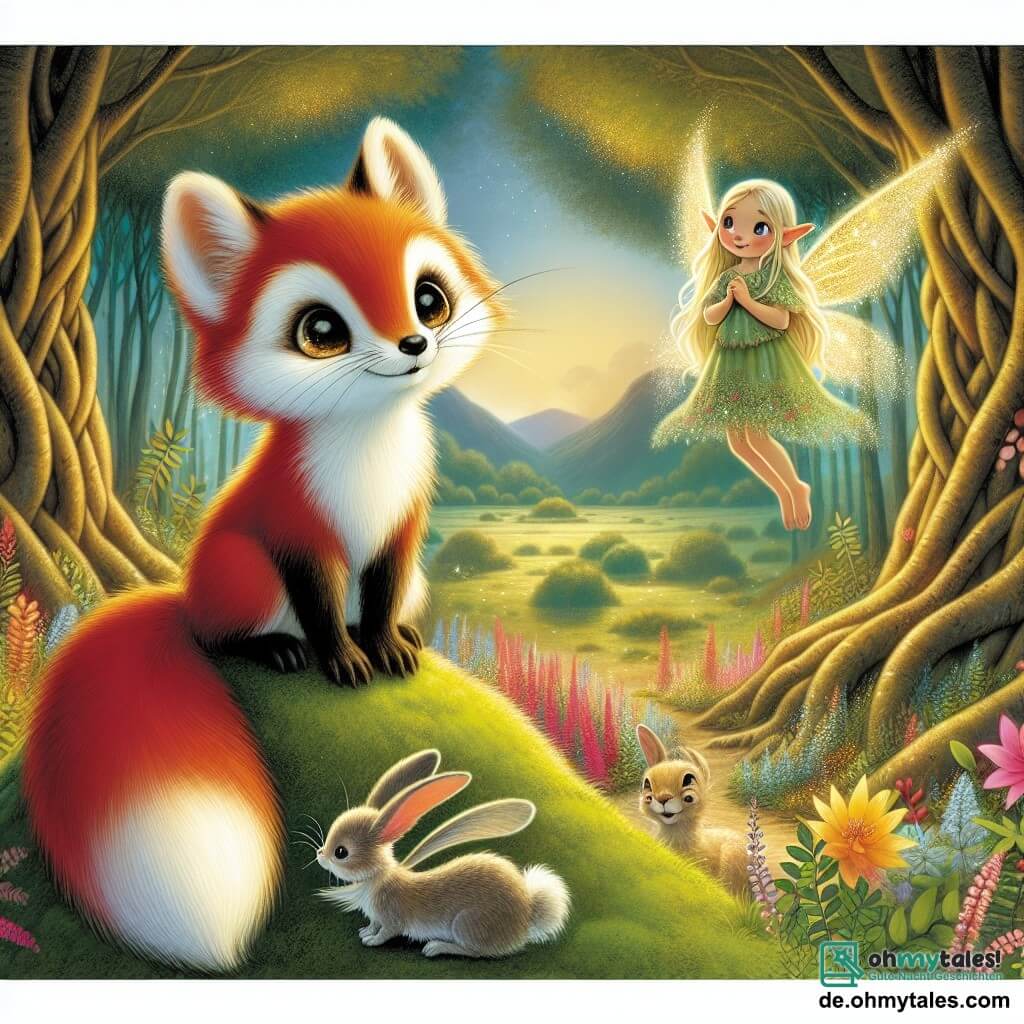 Im Zentrum des Bildes steht der kleine Frettchen Felix, ein bezaubernder roter Fuchs, der mit seinen funkelnden Augen große Neugier zeigt. Er steht auf einem kleinen Hügel, die Ohren aufgerichtet, bereit, die geheimnisvolle Landschaft vor ihm zu erkunden. Rechts von ihm schwebt Elara, eine zarte Elfe mit schimmernden Flügeln, leicht über dem Boden. Sie hat lange goldene Haare und trägt ein Kleid aus Blättern und Blumen, mit einem warmen und ermutigenden Lächeln. Etwas weiter hinten schaut ein kleiner Hase mit langen, weichen Ohren und silbernem Fell Felix mit hoffnungsvollen Augen an, während er leicht besorgt nach seiner Familie sucht. Die Szenerie ist ein wunderschöner verzauberter Wald, getaucht in goldenes Licht, mit majestätischen Bäumen und bunten Blumen, die im Wind tanzen. Ein sanfter Nebel umhüllt den Boden und verleiht der Umgebung eine mysteriöse Note. Die Hauptsituation zeigt Felix, Elara und den kleinen Hasen, die zusammenstehen, bereit für ein Abenteuer, um die Familie des Hasen zu finden, umgeben von der Magie und den Wundern der Feenwelt.