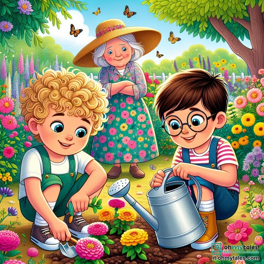 In un giardino colorato, Marco, un ragazzo di 8 anni con capelli biondi ricci e occhi vivaci, è accovacciato con una piccola pala di plastica, mentre pianta fiori. Accanto a lui, Luca, un altro ragazzo di 8 anni con capelli castani e occhiali, sorride tenendo un annaffiatoio pieno d'acqua. Sono circondati da fiori vivaci di tutti i colori: rosa, giallo e viola, che danzano dolcemente sotto la brezza estiva. Sullo sfondo, una gentile signora, Sara, una donna di una cinquantina d'anni con un grande cappello di paglia e un vestito floreale, li osserva con un sorriso benevolo. La scena mostra Marco e Luca mentre piantano fiori nella terra, con Sara che li incoraggia e spiega l'importanza di prendersi cura della natura. I raggi di sole illuminano il giardino, rendendo l'atmosfera ancora più magica.