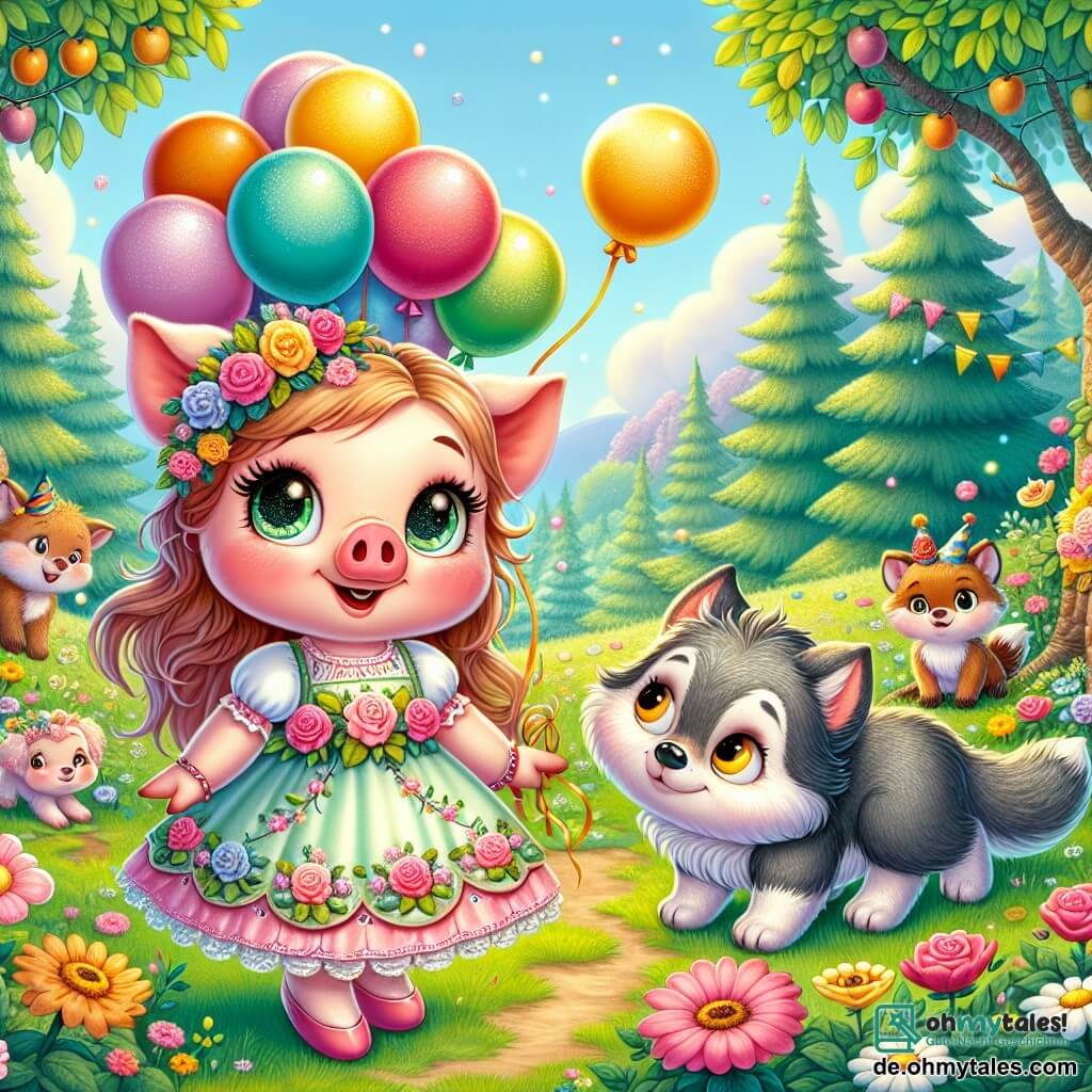 Im Mittelpunkt des Bildes steht Lotte, ein kleines rosa Schweinchen mit funkelnden Augen und runden Wangen, das fröhlich lächelt, während sie bunte Ballons hält. Sie trägt ein hübsches Blumenkleid und wirkt voller Energie, bereit, ihre Freunde zur Feier einzuladen. Rechts von ihr steht der große Wolf mit grauem Fell und sanften Augen etwas im Hintergrund, mit einem schüchternen Lächeln im Gesicht. Er trägt einen kleinen Partyhut und schaut Lotte bewundernd an, während er die Freude an der Freundschaft entdeckt. Im Hintergrund ist die Szenerie bezaubernd: ein grünes Feld, das mit leuchtenden Blumen übersät ist, majestätische Bäume mit fruchtbeladenen Ästen und ein hellblauer Himmel mit flauschigen Wolken. Die Szene zeigt den Moment, in dem Lotte den Wolf einlädt, sich der Feier anzuschließen, was Akzeptanz und die Freude am gemeinsamen Teilen symbolisiert. Die anderen Tiere des Waldes, wie bunte Vögel und neugierige Hasen, versammeln sich um sie, bereit, die Freundschaft zu feiern.