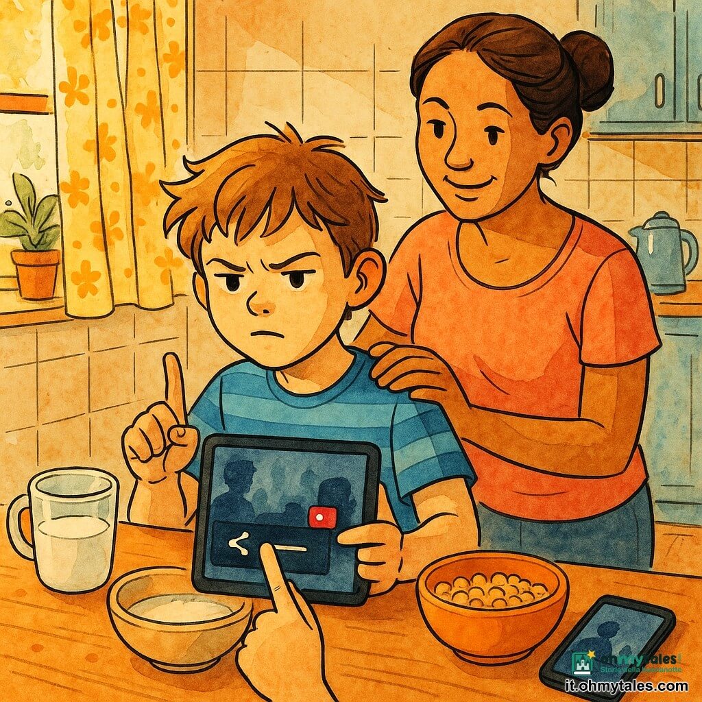 Un ragazzo di 10 anni, Luca, seduto al tavolo della cucina con volto pensieroso e determinato, sopracciglia aggrottate ma dolci, capelli castano chiaro arruffati e maglietta a righe blu, tiene un tablet rettangolare con un dito alzato come per dire "no"; Marco, anche lui 10 anni (mittente del messaggio), è rappresentato solo da uno smartphone sul tavolo con una miniatura video di silhouette sfocate e una bolla di messaggio rossa sullo schermo; la madre (circa 35 anni), capelli castani raccolti, sorride benevolmente e posa la mano sulla spalla sinistra di Luca; cucina illuminata dalla luce del mattino, piastrelle chiare, tende a fiori gialli, una tazza di latte mezzo piena e una ciotola di cereali vicino al tablet; stile inchiostro e acquerello con texture visibili; la scena ritrae il momento in cui Luca rifiuta di condividere contenuti offensivi: tablet aperto, dito puntato verso l'icona "condividi" ma gesto interrotto, espressione risoluta, contrasto morbido tra i toni caldi della cucina e la miniatura fredda e scura del video, atmosfera calma e rispettosa, composizione centrata sul legame mano-spalla madre-figlio con linee chiare e tocchi di colore vivaci.
