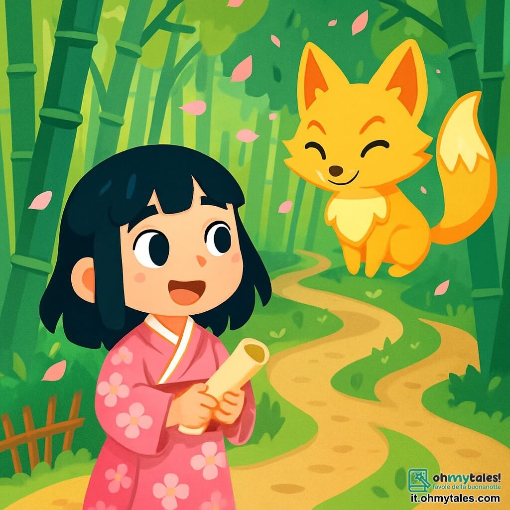 Yuki, una giovane donna dai capelli neri come l'inchiostro, si trova ai bordi di un sentiero di bambù, il viso illuminato da un'espressione di eccitazione e curiosità. Indossa un kimono tradizionale con motivi floreali rosa e bianchi e tiene in mano una piccola pergamena arrotolata, pronta per partire all'avventura. Vicino a lei, un spirito volpe, una creatura magica con una pelliccia dorata e occhi maliziosi, la osserva con benevolenza, fluttuando leggermente sopra il suolo. Il luogo è una foresta densa di bambù verdi, dove la luce del sole filtra attraverso le foglie, creando ombre danzanti sul terreno. Petali di ciliegio cadono dolcemente intorno a loro, aggiungendo un tocco di magia all'atmosfera. Yuki si prepara a scegliere il suo cammino, indecisa tra tre sentieri misteriosi che si estendono davanti a lei, ognuno promettendo un'avventura unica.