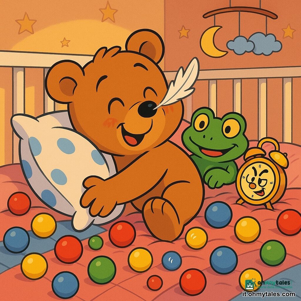 Pino è un piccolo orsetto di peluche marrone chiaro, occhi tondi e lucenti e sorriso assonnato, che tiene un grande cuscino bianco a pois blu e spinge piccole palline colorate sul letto; una ranocchia di peluche verde, maliziosa e coccolona, è accoccolata vicino alla sua testa; una sveglia tonda in metallo giallo con occhi disegnati è mezza infilata sotto il cuscino; decine di palline di plastica rosse, blu, gialle e verdi rotolano e saltellano sulla coperta; una piuma bianca è posata sul naso di Pino provocando uno starnuto carino; la stanza è calda e dolce con pareti pesca pastello decorate a stelle, letto largo a sbarre bianche, coperta di lana rosa, un mobile di lune e nuvole e luce dorata soffusa — scena principale: un momento di nanna calmo e divertente, l'orsetto si prepara a dormire in mezzo al caos di palline, circondato dai suoi giochi in un'atmosfera tenera e rassicurante.