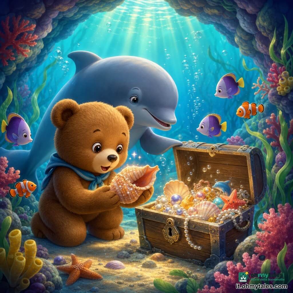Un piccolo orsetto bruno di peluche realistico, muso rotondo e occhi brillanti, sguardo meravigliato, tiene una conchiglia scintillante tra le zampe e si accovaccia davanti a un antico forziere aperto; un delfino grigio-blu dal sorriso dolce nuota dietro l'orsetto, curioso, inclinando la pinna pettorale verso il forziere; piccoli pesci colorati (pagliacci arancioni e bianchi, pesci farfalla viola) girano formando un cerchio luminoso intorno al forziere; la scena si svolge in una grotta sottomarina con pareti di corallo rosso, rosa e giallo, alghe verdi ondeggianti e raggi di luce verdi e blu dalla superficie; l'orsetto e il delfino scoprono un tesoro di perle, conchiglie lucenti e piccoli giocattoli marini, con bolle argentate che salgono; stile grafico: colori morbidi, sfumature delicate, texture lievi per pelo e acqua, composizione centrata e adatta ai bambini.