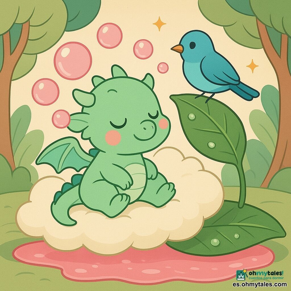 Un pequeño dragón bebé verde menta, ojos brillantes y mejillas rosadas, somnoliento y sonriendo, sentado en una gran almohada-nube blanco hueso que se balancea, sopla burbujas rosas translúcidas con olor a fresa; un pajarito azul de plumaje liso, de expresión amable, sostiene junto a la nube una gran hoja verde como barca para ayudar al dragón que cae suavemente en un charco de gelatina rosa brillante con pequeños salpicones "blup"; una hoja gigante y brillante hace de puente con gotas de rocío; la nube, con ojos cerrados en sonrisa, flota sobre el charco; todo en un bosque tierno de troncos curvos y hojas pastel, cielo crema con pequeñas estrellas doradas; escena simple, formas redondeadas y colores pastel y texturas suaves y brillantes.