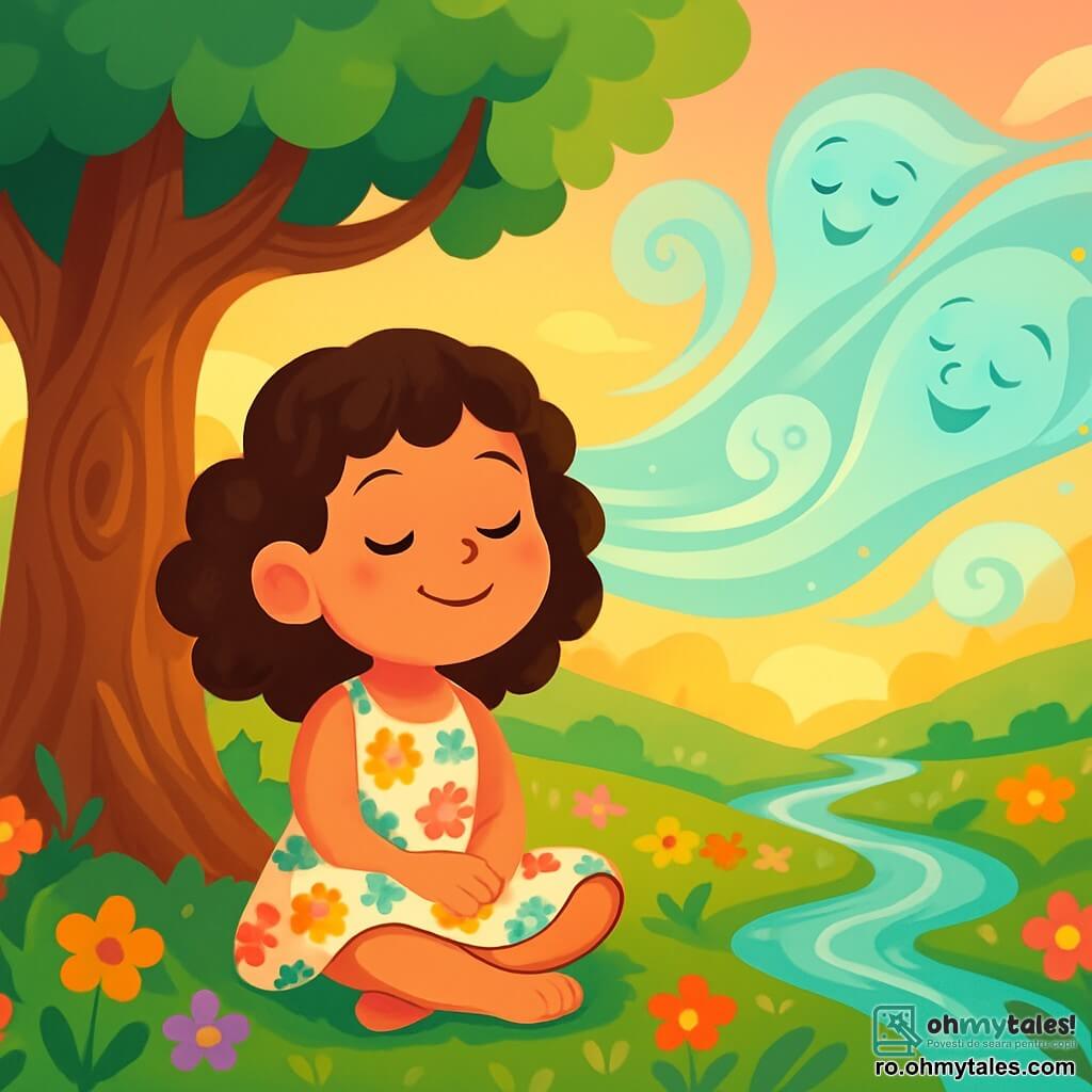 O fetiță de 6 ani, pe nume Maria, cu părul brun și creț, poartă o rochie ușoară cu flori colorate. Are un zâmbet radiant și ochi strălucitori de curiozitate, așezată sub un copac mare cu trunchi noduros, cu picioarele încrucișate, ascultând cu atenție murmurul blând al vântului. Lângă ea, un vânt ușor, reprezentat prin vârtejuri de culori pastelate, pare să prindă formă, cu fețe zâmbitoare și brațe deschise, ca și cum o îmbrățișează și îi șoptește secrete liniștitoare. Locul este o vale fermecată, scăldată în lumina aurie a apusului, unde flori multicolore dansează ușor în ritmul vântului, iar un pârâu strălucitor șerpuiește prin peisaj, creând o atmosferă liniștită și magică. Situația principală o arată pe Maria închizând ochii, respirând adânc, în timp ce vântul o învăluie cu blândețe, purtându-i grijile și aducându-o într-o stare de serenitate și vis.