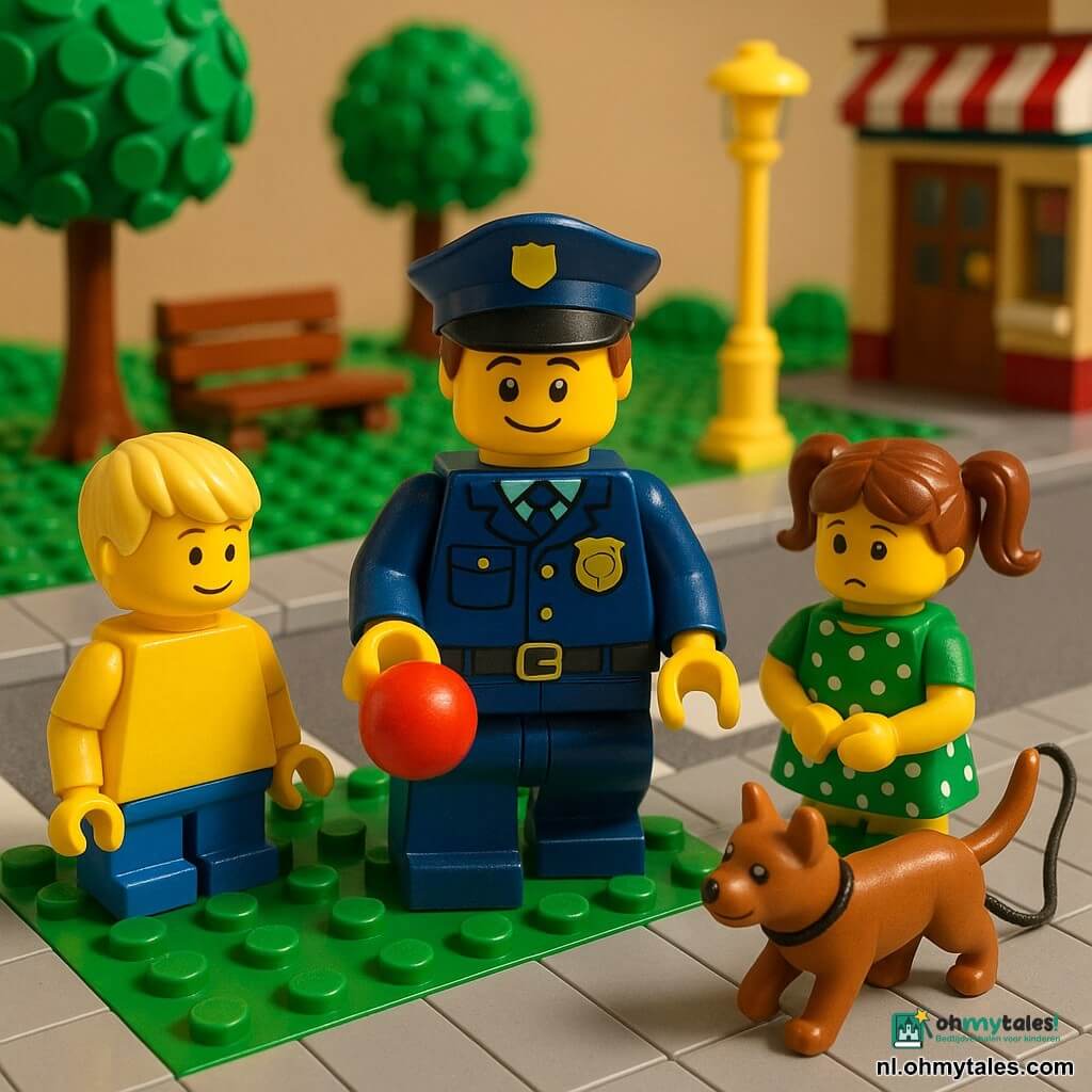 Een politieman genaamd Milan, ongeveer dertig, rond en vriendelijk gezicht, korte bruine haren, geknield met een blauwe politiejas en pet houdt een rode bal vast en wijst zacht waar te spelen — op het gras weg van de weg; links van hem een ongeveer 7-jarige blonde jongen in geel T-shirt kijkt nieuwsgierig, rechts een ongeveer 6-jarig meisje met bruine twee staartjes en een groene jurk met stippen fronst licht bij het trottoir; een klein bruin mannetje van hondformaat rent van rechts met een opgeheven staart en los achter zich meesleurende riem; decor: lichtgrijs bestrate stoep, paar stenen verder een duidelijke zebrapad, glanzend groen gras, houten bank, bakkerijtje en bakstenen bomen met ronde groene bladeren, zacht geel straatlantaarn; scène: Milan die rustig aanwijst waar te spelen terwijl de kinderen luisteren en de hond springt, warme late ochtendverlichting, heldere kleuren, scherpe contouren, LEGO-diorama stijl en licht vogelperspectief.