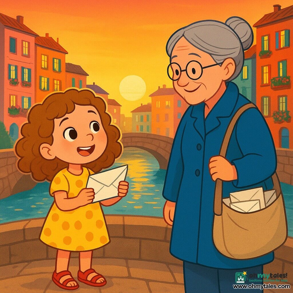 A 6-year-old girl named Mira stands at the edge of a bridge, her eyes shining with curiosity and excitement. She has light brown curly hair and wears a yellow polka dot dress with red sandals. In her hands, she holds a delicately folded message, her face glowing with anticipation. Next to her is an elderly woman, the postmistress, around 60, with gray hair in a bun and round glasses, smiling warmly. She wears a blue coat and holds a canvas bag filled with letters, standing slightly back, watching Mira with pride. The bridge is made of ancient stones, surrounded by a sparkling river reflecting the city lights. Colorful buildings with bright windows and flowered balconies rise on either side, creating a magical urban atmosphere. Mira is getting ready to cross the bridge to deliver an important message, her heart racing with excitement. The scene is bathed in golden sunset light, adding a touch of magic to the moment.