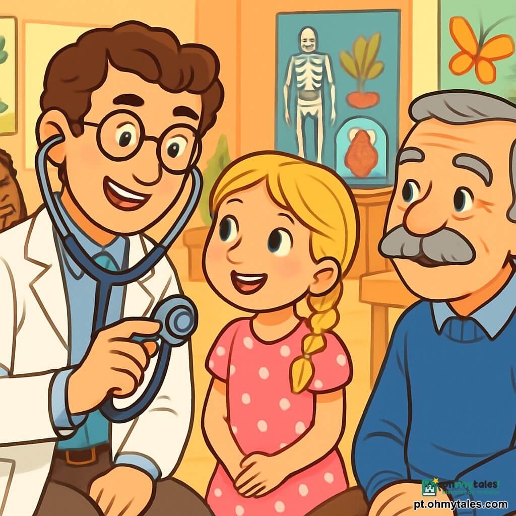 Um médico homem na casa dos quarenta anos, com cabelos castanhos levemente encaracolados e óculos redondos, sorri calorosamente enquanto segura um estetoscópio. Seu rosto expressa bondade e escuta, com olhos brilhantes de curiosidade. Ao seu lado, uma menina de 8 anos, com cabelos loiros trançados e um vestido rosa com bolinhas, observa maravilhada o estetoscópio, seus olhos brilhando de curiosidade. Um homem idoso, com um grande bigode grisalho e um suéter azul, está sentado em uma cadeira, ouvindo atentamente, com um sorriso tranquilizador no rosto. A cena acontece em um museu colorido, com paredes adornadas com desenhos de animais e plantas, e mesas de madeira onde estão expostos objetos científicos. Crianças riem e brincam ao redor, criando uma atmosfera alegre e animada. O médico explica com paixão como ouvir o coração, enquanto a menina o observa com fascínio, e o homem idoso acena, criando um ambiente de compartilhamento e aprendizado.