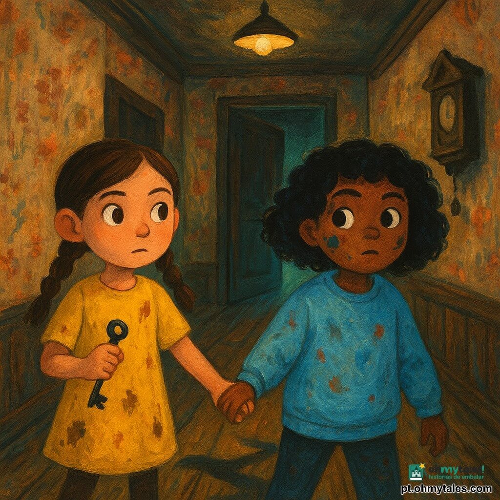 Duas meninas de 7 anos: Luna, cabelos castanhos em duas tranças, olhos avelã, vestindo um vestido amarelo com manchas de tinta e segurando uma pequena chave metálica escura na mão direita; Bia, cabelos pretos cacheados curtos, manchas de tinta no rosto e um moletom azul claro grande, segura a mão esquerda de Luna; ambas avançam juntas por um corredor antigo de madeira com papel de parede rasgado, em direção a uma porta de madeira entreaberta que emite um brilho esverdeado; a chave brilha fracamente sob uma lâmpada piscante, um velho carilhão vibra na parede e sombras longas se estendem pelo chão.