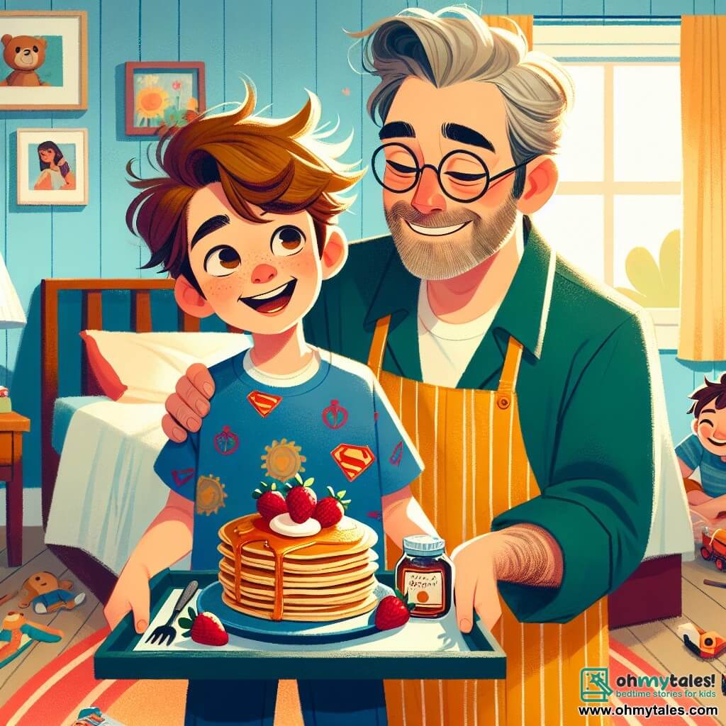 An 8-year-old boy, Tommy, with messy brown hair and sparkling eyes, stands in front of a bed, a big smile on his face. He wears a blue t-shirt with superhero patterns and a kitchen apron that's a bit too large for him. Next to him, his father, a man in his thirties with a light beard and glasses, sits on the bed, wide-eyed in wonder at the breakfast tray. The scene takes place in a cozy room with pastel yellow walls, toys scattered on the floor, and sunlight streaming through the curtains. On the tray, golden pancakes are carefully stacked, accompanied by bright red strawberries and a small jar of maple syrup. Tommy, excited, proudly presents his Father's Day gift, while his touched father raises his arms to embrace him.