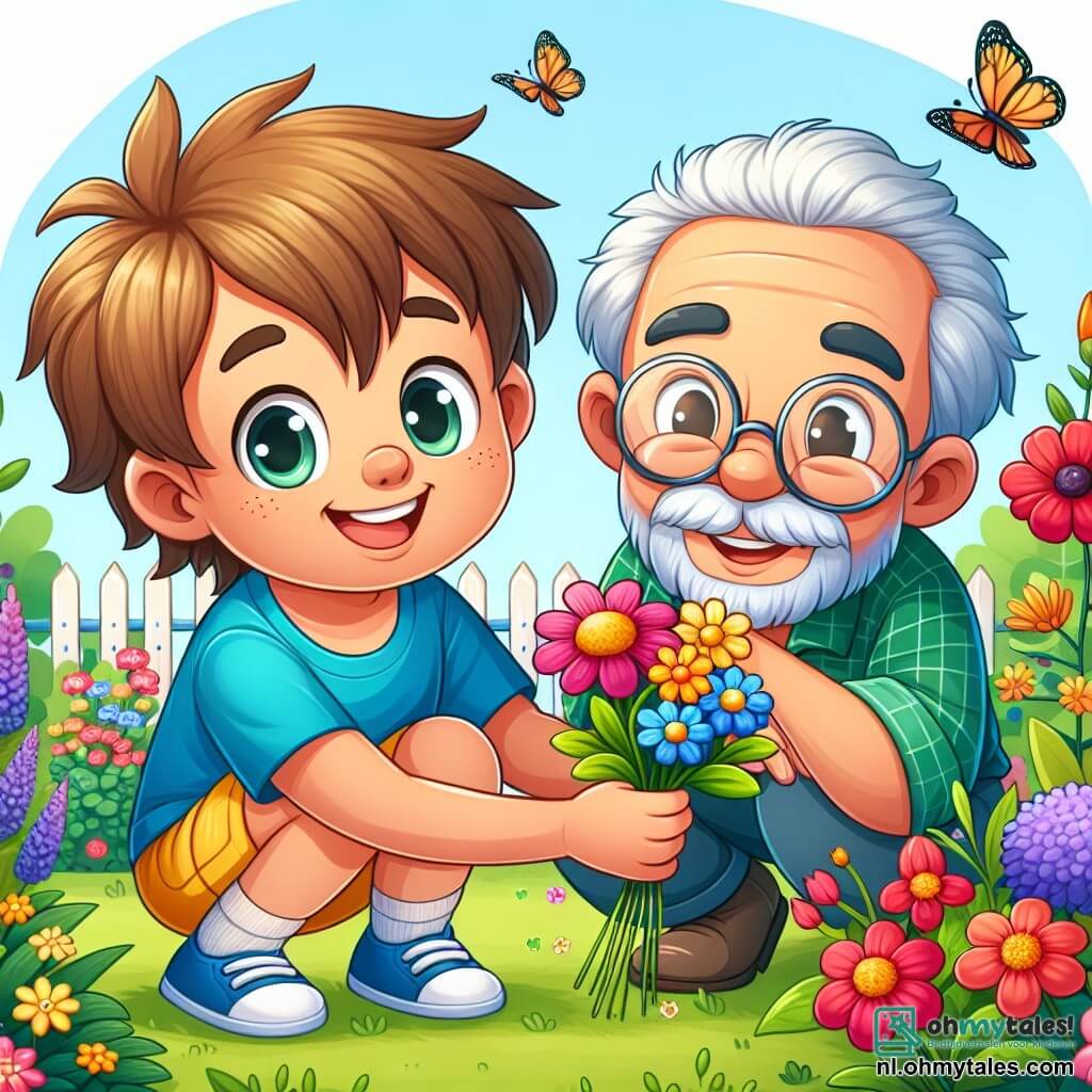 Een 4-jarig jongetje, Sam, met rommelig bruin haar en een grote blije glimlach, zit in een bloeiende tuin. Hij draagt een felblauw t-shirt en een gele short, terwijl hij een klein boeket kleurrijke bloemen vasthoudt. Naast hem staat zijn grootvader, een oude man met een witte baard en ronde bril, die trots glimlacht terwijl hij Sam een mooie bloem laat zien. Ze bevinden zich in een weelderige tuin, vol met schitterende bloemen, fladderende vlinders en een klein stukje groen met een klein moestuintje. De hoofdscene toont Sam en zijn grootvader die de schoonheid van de natuur ontdekken en praten over het belang van het beschermen van bloemen en insecten.