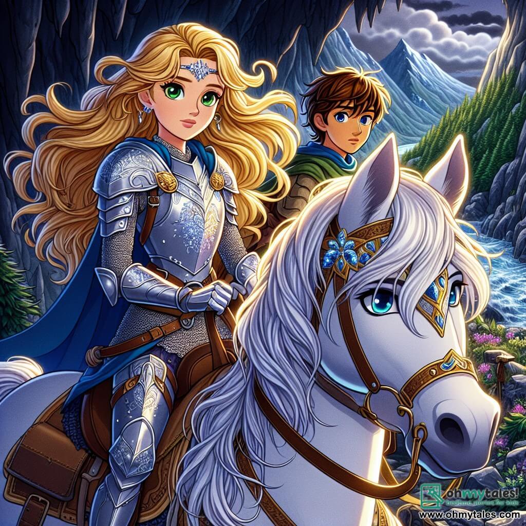 In the foreground, a young knightess, Seraphina, aged fourteen, stands proudly on her white horse, Thunder. She wears shining armor that glistens in the sun, with golden hair flowing in the wind and bright green eyes full of determination. Her expression is both brave and resolute, ready to face the dragon threatening her kingdom. Beside her, a young squire named Finn, aged twelve, stands slightly back. He has messy brown hair and bright blue eyes. He holds a map in his hands, looking focused and excited as he carefully scans the surroundings for the dragon. The setting is at the entrance of a dark, menacing cave, surrounded by steep mountains and lush forests. Dark clouds loom overhead, adding an atmosphere of mystery and tension to the scene. The main situation shows Seraphina and Finn preparing to enter the cave, determined to confront the dragon Malachor. They exchange a knowing glance, ready to execute their plan to save their kingdom of Eldoria.