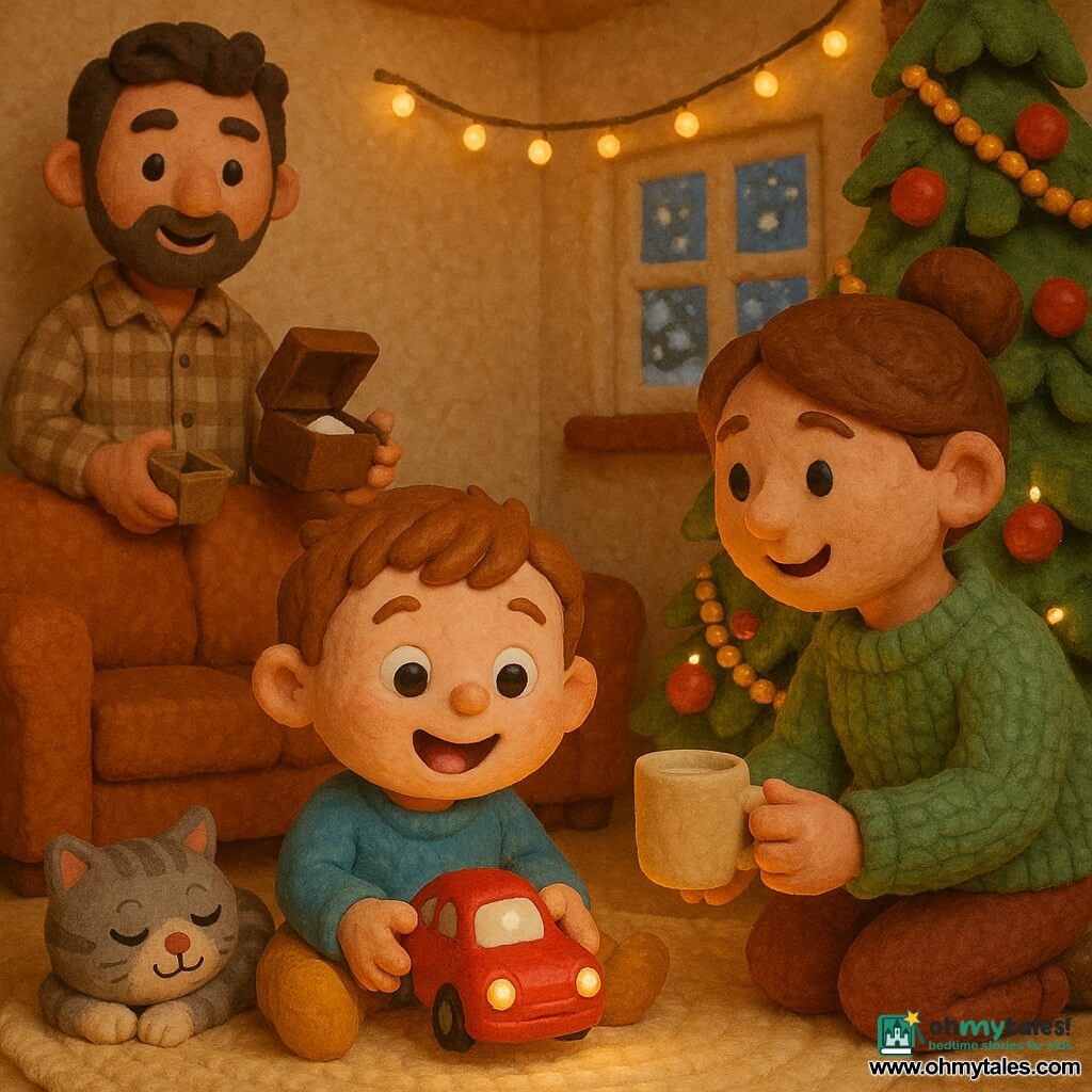 A 2-year-old boy with short light brown hair, fair skin and bright round eyes sits on a plush rug holding a shiny small red toy car, his expression awed and joyful; a woman (mother, ~30) with brown hair in a bun kneels to his right offering a cup of warm milk, wearing a green knitted sweater; a man (father, ~32) with light beard and dark hair stands behind the sofa to the left holding an open small gift box and watching proudly, wearing a plaid shirt; a gray-and-white tabby cat curls near the car on the rug, eyes half-closed. The living room is decorated for Christmas with a large green tree adorned with red baubles, gold garlands and warm lights, brick fireplace, frosted window with visible snow, and string lights overhead. The main scene shows the boy discovering his red car under the tree’s golden light, in a warm intimate atmosphere, low perspective at the child’s level. Visual style: stop-motion claymation with slightly rounded shapes, tangible textured surfaces, soft warm lighting, muted shadows and a Christmas palette of red, green, gold and cream.