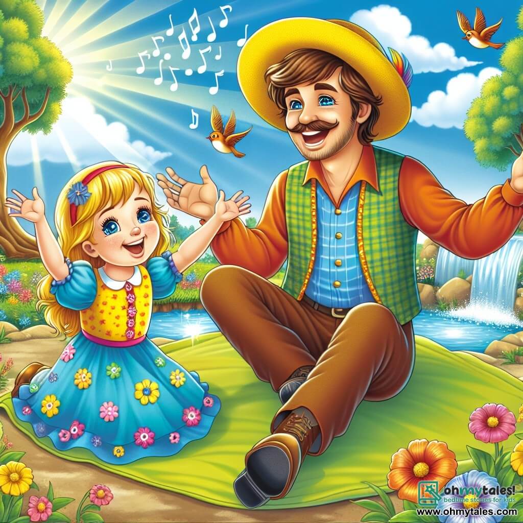 A smiling man, Mr. Sam, wears a large yellow hat and a colorful shirt. He has brown hair and sparkling joyful eyes. He is sitting on a green blanket with his arms open, as if inviting the world to listen to the music of nature. Next to him, a little girl, Emma, about 6 years old, has long blonde hair and bright blue eyes. She joyfully dances with her arms raised, surrounded by colorful flowers growing around them. The setting is a sunny park, with majestic trees, birds singing in the branches, and a sparkling stream flowing gently nearby. The sky is bright blue, dotted with fluffy white clouds. The main scene shows Mr. Sam and Emma listening to the music of nature, with musical notes floating around them, symbolizing the joy and harmony they feel together.