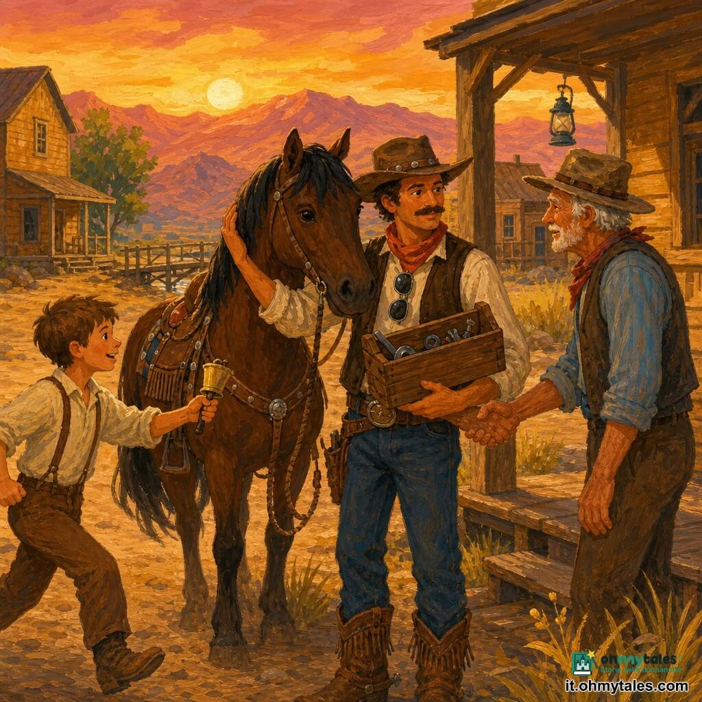 Un cowboy dal viso abbronzato, baffi sottili e occhiali da sole appesi al collo, sguardo calmo e determinato, tiene una cassa degli attrezzi di legno contro il petto e accarezza la testa di un grande cavallo baio a destra; un ragazzino di circa 10 anni dai capelli corti e sorriso curioso corre verso il cowboy in primo piano a sinistra brandendo una piccola campana; un uomo anziano di circa 65 anni, pelle rugosa e cappello logoro, stringe la mano al cowboy vicino a un portico di legno sullo sfondo a destra; il cavallo è di pelliccia bruno scuro con criniera nera e occhi dolci, sella con frange; la scena è una piazza di paese polverosa al tramonto con case di legno ocra, montagne rosa all'orizzonte, erbe ingiallite e un piccolo ponte di tavole fragile sullo sfondo; il cowboy arriva al crepuscolo dopo aver riparato il ponte e riportato gli attrezzi, atmosfera calda e rassicurante, colori caldi, texture spesse e pennellate visibili.