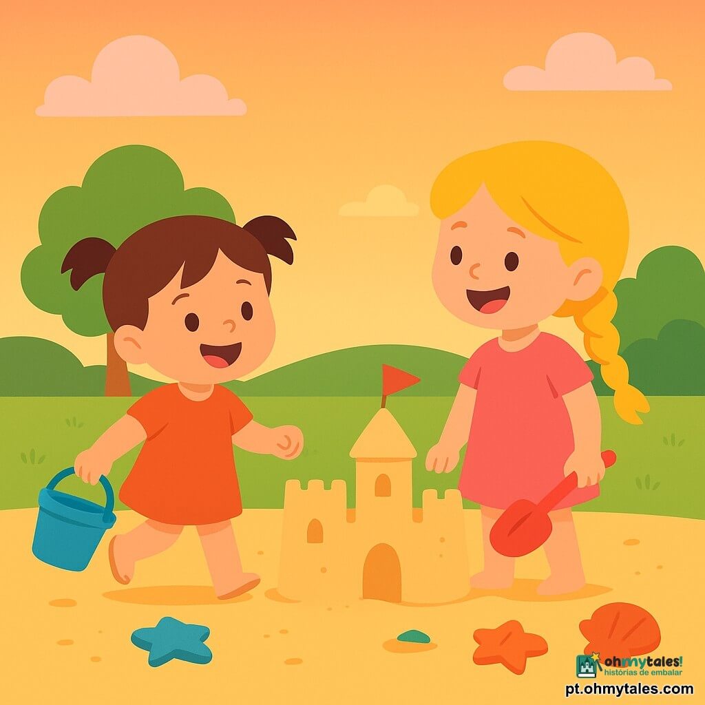 Ana, 2 anos, sorridente, cabelos castanhos curtos em marias-chiquinhas, segura um balde azul com areia, postura dinâmica; Sofia, 3 anos, loira de trança, segura uma pá vermelha, ao lado de um castelo de areia olhando e rindo; as duas próximas no areal quente, frente a frente, troca de olhares cúmplices; parque ao crepúsculo com grande relvado verde, um carvalho ao fundo, céu laranja suave e nuvens rosadas, luz quente; em primeiro plano um castelo de areia com duas torres e bandeira de papel e brinquedos coloridos espalhados; cena acolhedora de duas amigas construindo juntas um castelo, cores vivas, formas simples, sombras muito leves e contornos nítidos, composição centrada e legível para crianças pequenas