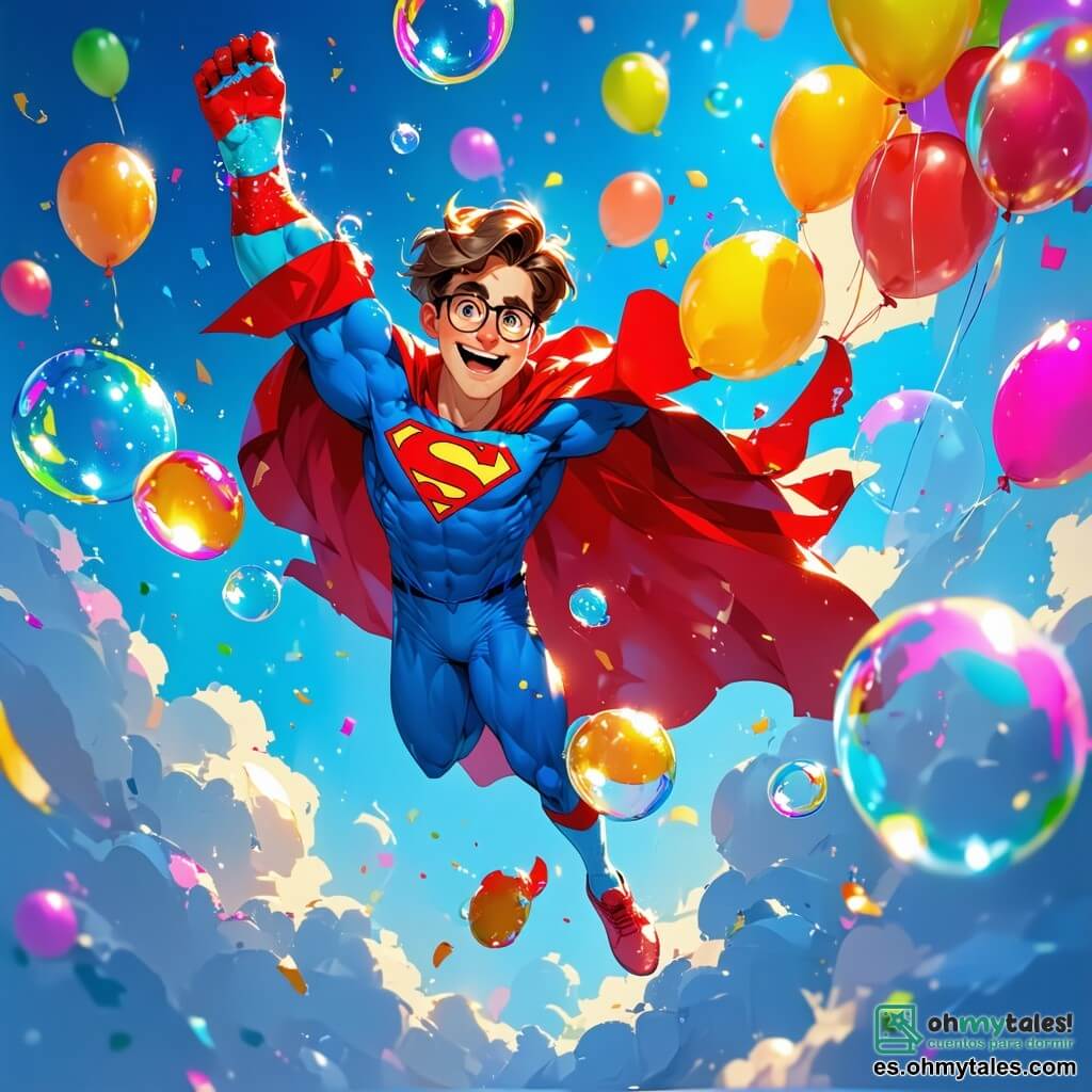 Tomás, un hombre con cabello castaño desordenado y una sonrisa traviesa, flota en el aire rodeado de burbujas de jabón de colores, con sus calcetines voladores hinchados como globos. Lleva un traje de superhéroe azul y rojo, con una capa ondeando al viento, y sus ojos brillan de emoción y alegría. Lucas, un niño de 8 años con cabello rubio y gafas redondas, se encuentra abajo, riendo a carcajadas mientras levanta los brazos hacia Tomás, maravillado por la escena. Lleva una camiseta verde y un pantalón corto azul, rodeado de otros niños que lo miran con expresiones de sorpresa y felicidad. La escena ocurre en un parque soleado, con árboles verdes, flores coloridas y un cielo azul salpicado de nubes blancas. Tomás, flotando gracias a sus calcetines voladores, intenta controlar su trayectoria mientras ríe, mientras burbujas de jabón escapan de sus pies y flotan a su alrededor, creando una atmósfera alegre y lúdica.