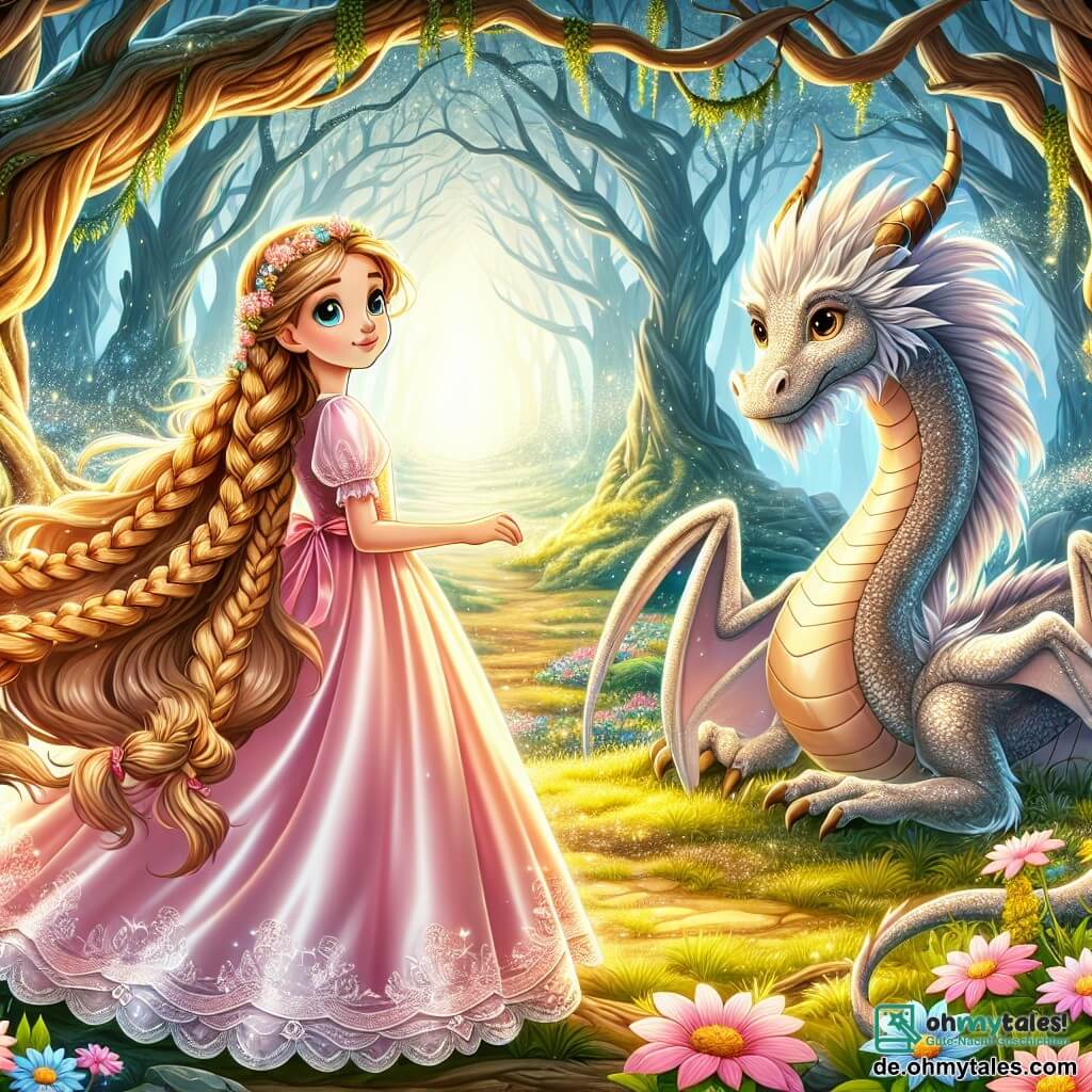 Dornröschen, eine junge Prinzessin mit langen, geflochtenen goldenen Haaren, steht im Mittelpunkt der Szene, ihr Gesicht erleuchtet von einem Lächeln der Hoffnung und Entschlossenheit. Sie trägt ein leichtes rosa Satin-Kleid, verziert mit zarten Blumen, und ihre Augen strahlen Mut, während sie sich einem großen alten Baum nähert, Symbol der Magie des Königreichs. An ihrer Seite bewundert ein majestätischer Drache mit silbernen Schuppen, großen weisen Augen und einem wohlwollenden Ausdruck sie. Er steht auf seinen Hinterbeinen, seine Flügel leicht ausgebreitet, bereit, ihr auf ihrer Reise zu helfen. Die Szenerie ist eine verzauberte Lichtung im Herzen eines weiten, geheimnisvollen Waldes, wo bunte Blumen im Wind tanzen und das Sonnenlicht durch das Laub filtert, funkelnde Muster auf den Boden zaubert. Im Hintergrund bilden majestätische Bäume mit knorrigen Stämmen und weit ausladenden Ästen einen magischen Rahmen. Die Hauptsituation zeigt Dornröschen, entschlossen, ihr schlafendes Königreich zu erwecken, während sie vor dem magischen Baum steht, bereit, die Kraft der Liebe und Freundschaft freizusetzen, um den Fluch zu brechen, der auf ihrem Volk lastet.