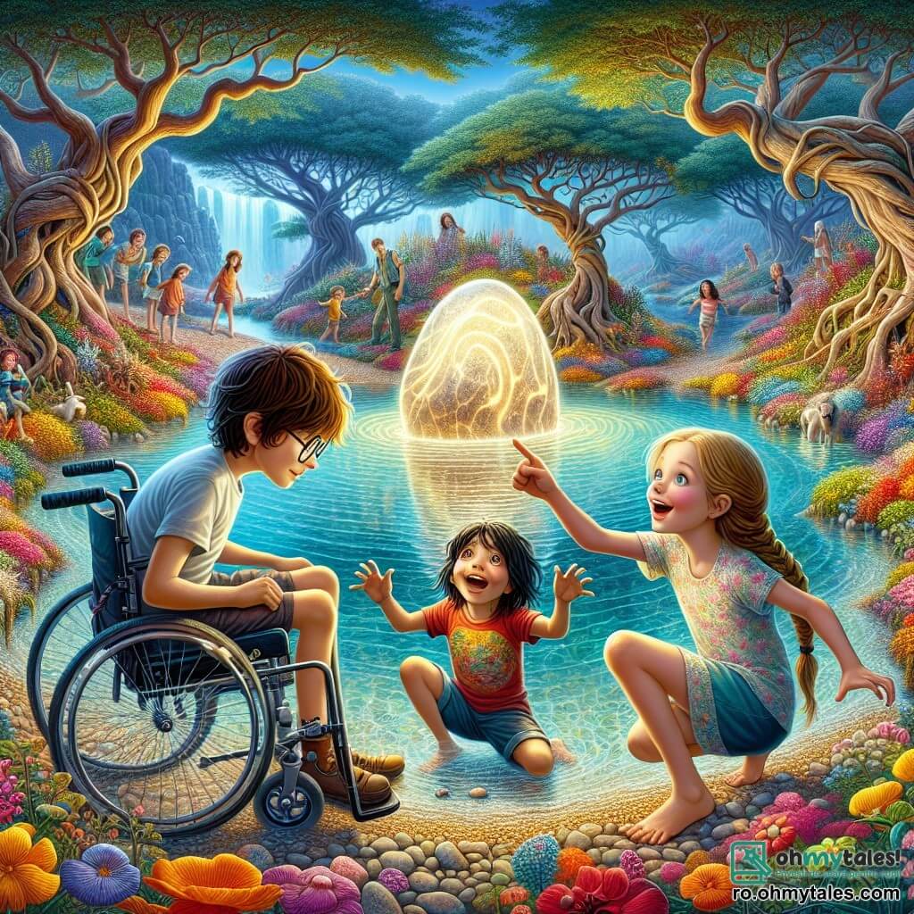 În centrul imaginii, trei copii stau pe o insulă magică, înconjurați de plante colorate care dansează în bătaia vântului. Matei, un băiat de 10 ani, este așezat în scaunul său cu rotile, cu părul brun ciufulit și ochelari rotunzi, admirând o piatră strălucitoare care emite o lumină blândă. Ana, o fetiță de 9 ani, are părul lung blond împletit și poartă o rochie ușoară cu motive florale; stă lângă Matei, arătând spre piatră cu un zâmbet radiant. Radu, un băiat de 8 ani, are părul negru ciufulit și poartă un tricou colorat; este așezat lângă apa limpede, aruncând pietricele și râzând vesel. Insula este un loc fermecător, cu copaci cu trunchiuri răsucite și flori în culori vii, care par să cânte. În fundal, un cer albastru strălucitor este presărat cu nori pufoși. Situația principală arată copiii descoperind piatra magică, simbolizând căutarea adevărului lor interior, în timp ce razele de lumină emană din piatră, iluminând fețele lor uimite.