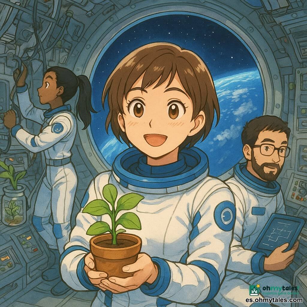 Clara, astronauta de unos 30 años, sonríe emocionada y maravillada, pelo castaño corto, traje espacial blanco y azul, flotando junto a un gran escotillón mientras sostiene delicadamente una maceta con una planta; un compañero de unos 35 años, barbudo y con gafas, sentado y sujeto a una consola a la derecha, sostiene una tablet con esquemas; otra compañera de unos 28 años, pelo negro en coleta, ajusta cables e instrumentos a la izquierda, sujeta al techo con una correa; interior de estación espacial brillante con paredes metálicas grises, paneles luminosos, filas de botones de colores, tuberías y plantas en frascos colgantes; por la ventana la Tierra en primer plano, azul y blanca con nubes algodonosas y curvatura bajo un cielo estrellado profundo; atmósfera tranquila y mágica, luz suave del escotillón ilumina los rostros y crea reflejos en el traje; composición centrada en Clara en primer plano, escotillón y Tierra al fondo, colegas ligeramente desenfocados para dar profundidad; estilo manga con trazos redondeados, ojos grandes y expresivos, colores vivos y texturas ligeramente acuarela.