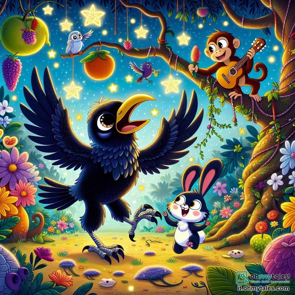 Un corvo di nome Coco, con un piumaggio nero lucido e occhi scintillanti di malizia, sta ballando gioiosamente in un giardino segreto pieno di fiori colorati che brillano come stelle. Accanto a lui, un coniglietto di nome Bobo, con grandi orecchie e pelliccia bianca, salta con entusiasmo cercando carote magiche. Sullo sfondo, una scimmia di nome Mimi, con pelliccia marrone e chitarra in mano, scala un ramo, pronta a suonare musica per la festa. Il giardino è incantato, con alberi dai tronchi contorti, cespugli fioriti e frutti esotici appesi ai rami. La scena emana un'atmosfera di gioia e amicizia, mentre Coco e i suoi amici preparano una grande festa piena di risate e musica.