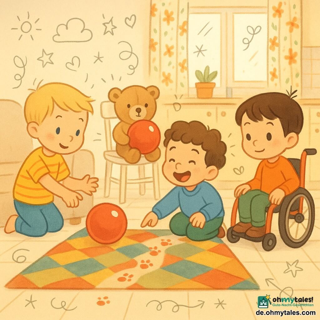 Vier Figuren: Leo, ca. 5 Jahre, kurze blonde Haare, gelbes T-Shirt mit roten Streifen, kniend links vor dem Sofa und nach dem Ball greifend; Ben, ca. 5 Jahre, kastanienbraune Locken, blaues Sweatshirt, hockt in der Mitte, lacht und zeigt auf eine Spur kleiner roter Fußabdrücke auf dem Teppich; Tim, ca. 5 Jahre, glatte braune Haare, kleiner roter Rollstuhl, sitzt rechts etwas zurückhaltend, neugierig, Hand am Rad; Teddy, hellbrauner Teddybär, sitzt auf einem weißen Küchenstuhl hinter den Kindern und hält den roten Ball. Ort: helle, warme Küche mit cremefarbenen Fliesen, großem buntem Teppich mit geometrischen Mustern, beigem Sofa im Hintergrund, heller Holztisch, Fenstervorhänge mit Blumen und weichem Licht. Szene: Die drei kleinen Detektive folgen der Spur roter Fußabdrücke zum Teddy; der rote Ball strahlt in der Bildmitte; fröhliche Stimmung, kräftige Farben, runde Formen, kindlicher illustrativer Stil mit doodle-Overlays (Pfeile, Sterne, Lupe).