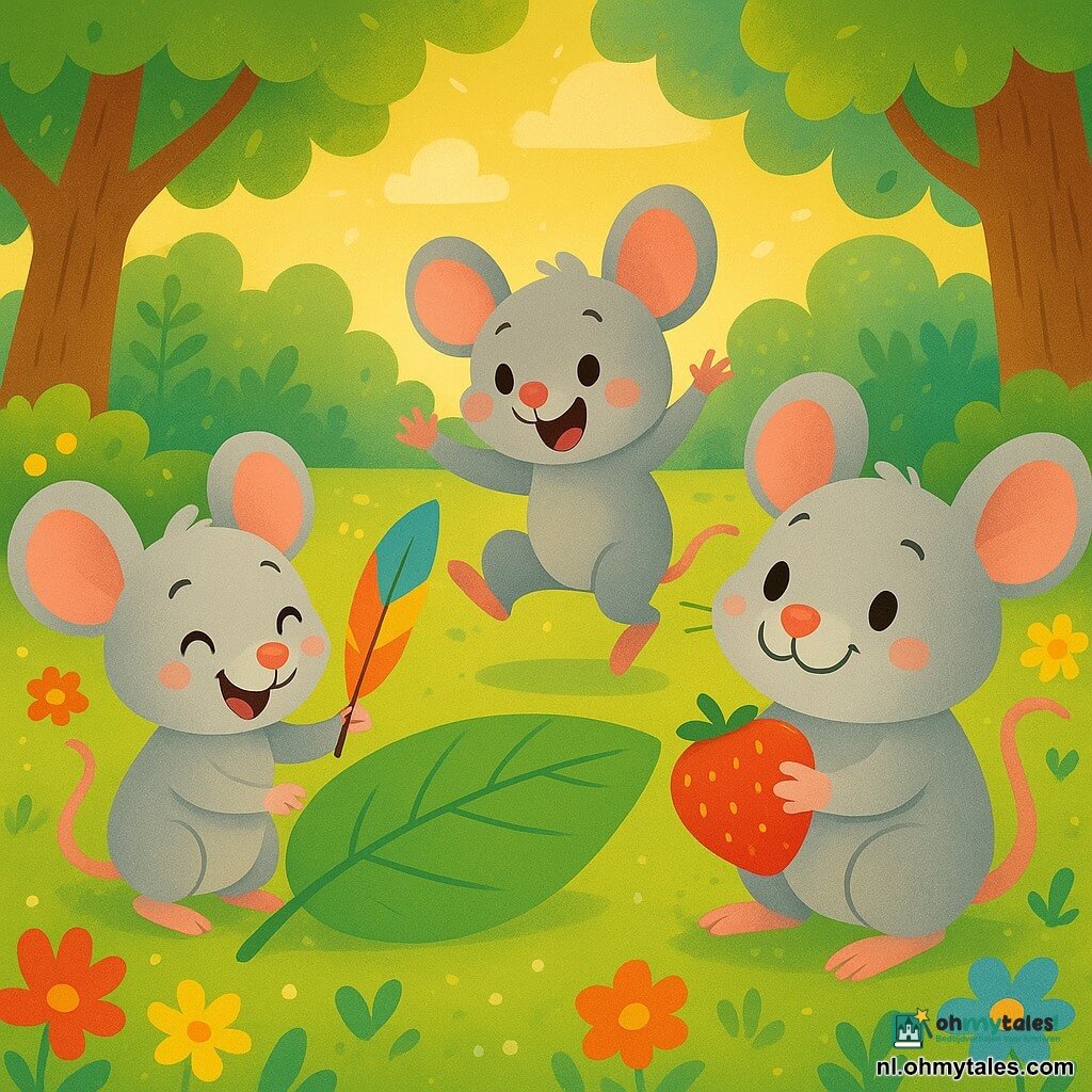 Drie kleine muisjes met zachte, zijdeachtige vacht, Miep, Pip en Puk, staan vrolijk rond een groot groen blad, hun missiekaart. Miep, de kleinste, heeft sprankelende ogen en een stralende glimlach, ze houdt een gekleurde veer in haar poot. Pip, iets groter, heeft een ondeugende uitdrukking met roze wangen, hij springt op zijn achterpoten, klaar om plezier te maken. Puk, de sterkste, heeft een vrolijke uitstraling met een klein hartvormig snorretje, hij duwt enthousiast een grote bes.

Ze bevinden zich in een zonnige open plek, omringd door stralende bloemen en grote bomen met glanzende bladeren, waar het licht door de takken filtert. Op de grond schitteren kleine dauwdruppels als diamanten.

De belangrijkste situatie toont de drie muisjes die hun missiekaart voorbereiden, lachend en samen plezier makend, met gelach dat weerklinkt in de zachte, geurige lucht van de lente.