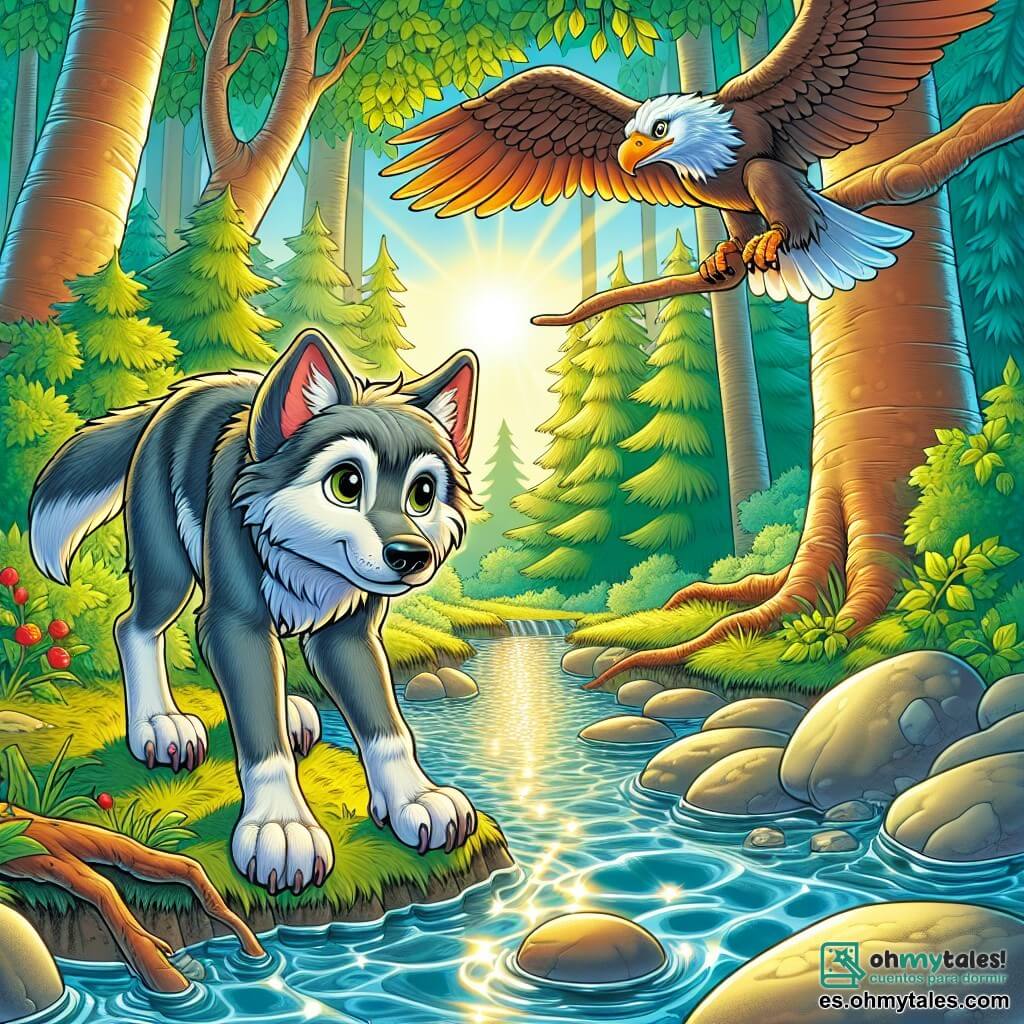 Un joven lobo de ojos brillantes y curiosos, con pelaje gris y patas ágiles, se encuentra al borde de un arroyo resplandeciente, con una expresión que mezcla asombro y determinación. A su lado, un majestuoso águila de plumas doradas, posada en una rama, observa a Luno con sabiduría, sus ojos penetrantes reflejando la luz del sol y un aura de misterio. El escenario es un vasto y verde bosque, donde los árboles de troncos robustos se elevan hacia el cielo, sus hojas bailando suavemente al compás del viento, mientras un suave rayo de sol filtra a través del follaje, iluminando el arroyo que serpentea entre las piedras lisas. La situación principal muestra a Luno, el joven lobo, listo para zambullirse en el arroyo, simbolizando su valentía y búsqueda de respuestas, mientras el águila lo anima silenciosamente, creando una atmósfera de aventura y descubrimiento.