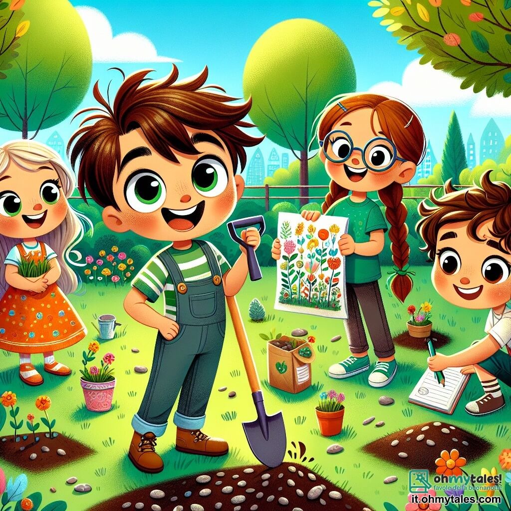 In un parco soleggiato, quattro bambini si riuniscono per creare un giardino comunitario. Marco, un ragazzo di 9 anni con i capelli castani e gli occhi vivaci, tiene una piccola pala e sorride al centro del gruppo. Anna, una ragazza di 8 anni con lunghi capelli biondi intrecciati e un vestito colorato, è alla sua destra, mostrando con entusiasmo un sacchetto di semi di fiori. Luca, un ragazzo di 9 anni con i capelli castani e occhiali rotondi, è a sinistra di Marco, mentre disegna un piano del giardino su un quaderno. Sara, una ragazza di 9 anni con capelli ricci e una maglietta verde, si china per raccogliere piccole pietre, proprio dietro Marco. Il parco è pieno di fiori colorati, alberi verdi e un cielo blu splendente, creando un'atmosfera gioiosa e primaverile. I bambini stanno piantando semi nel terreno, ridendo e discutendo delle loro idee per il giardino, simboleggiando amicizia e scoperta della natura in primavera.